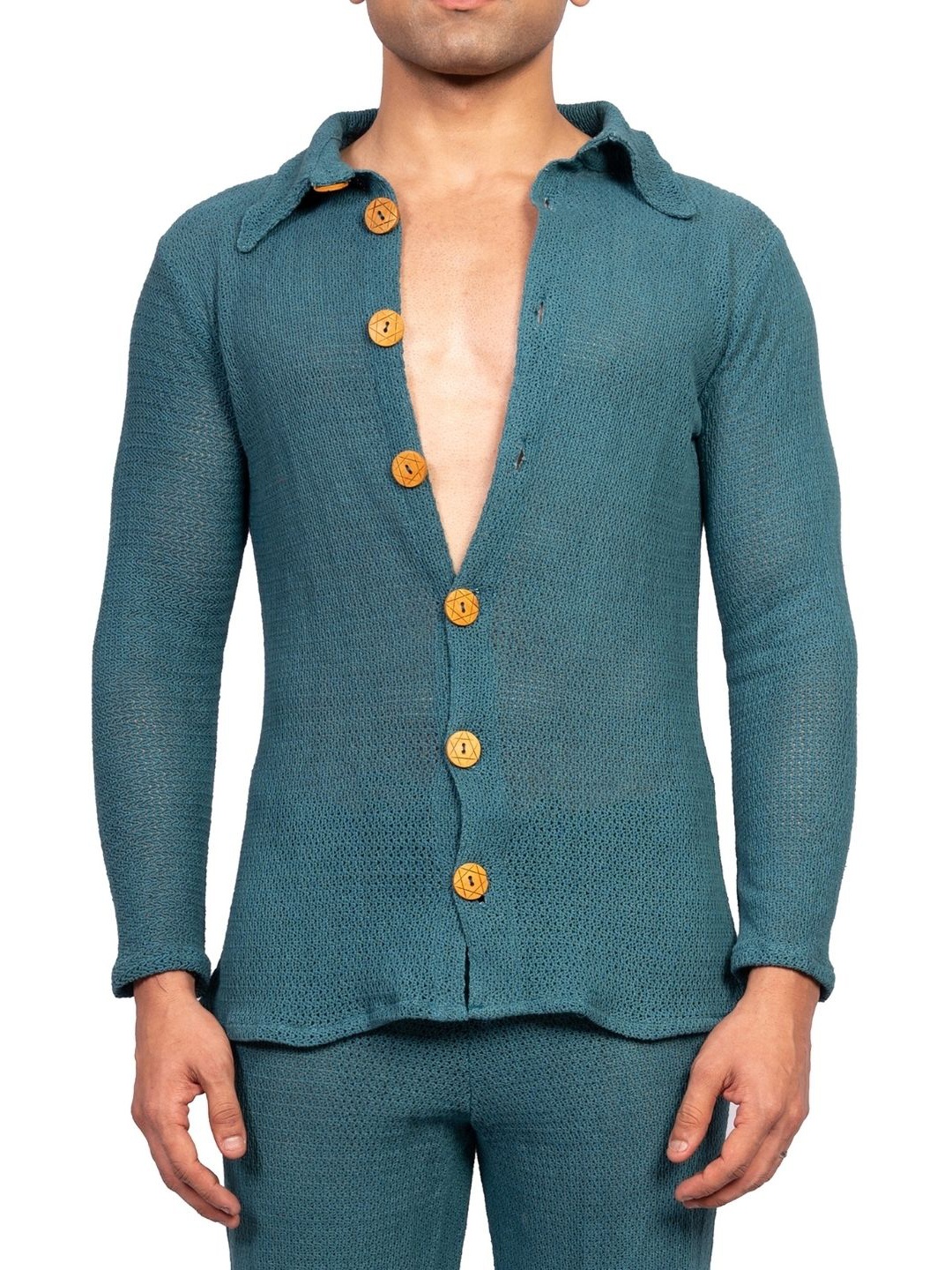 

EROBOLD Textured Self Design Spread Collar Crochet Cotton Casual Shirt, Teal