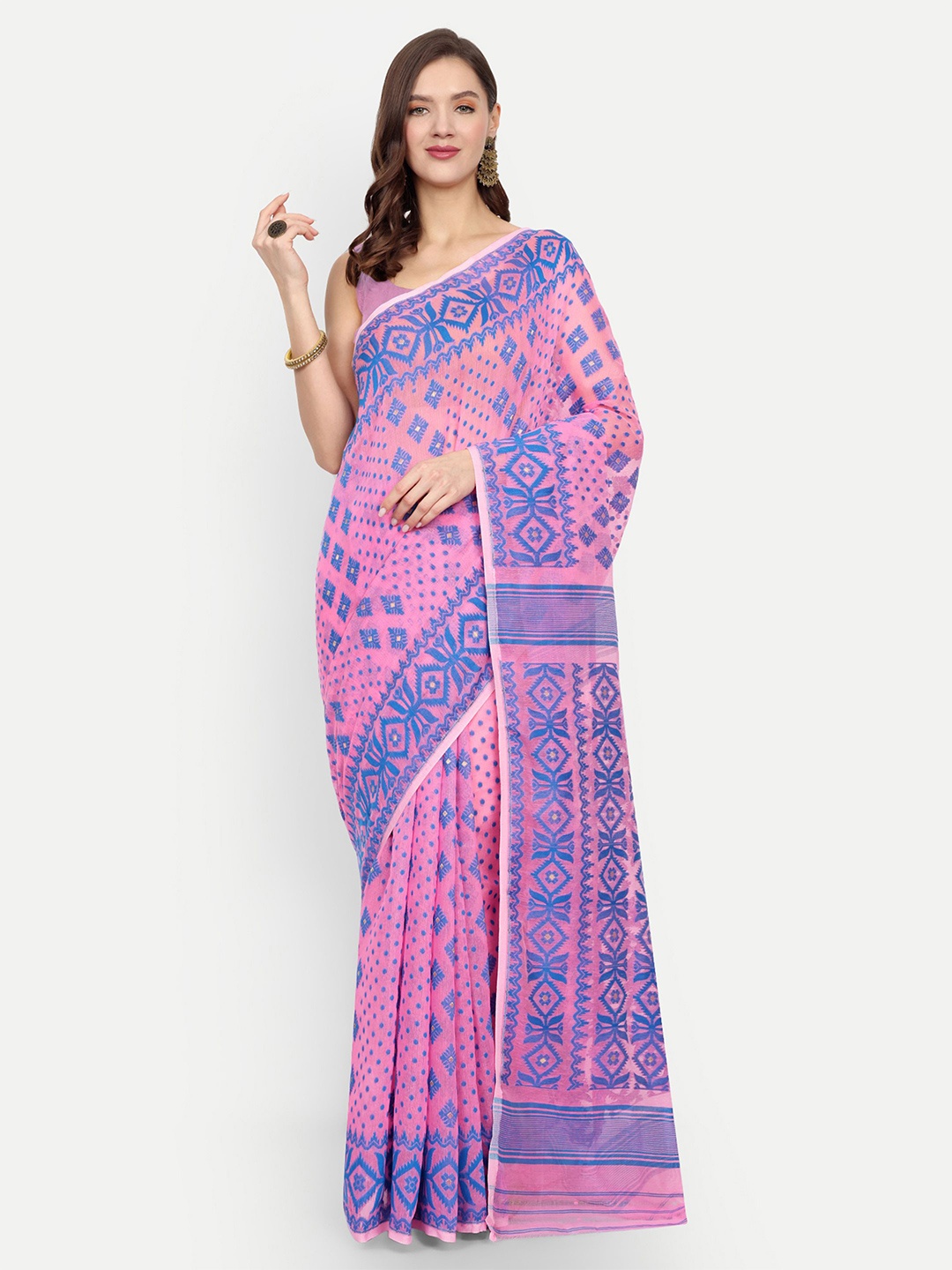 

BENGAL HANDLOOM Woven Design Art Silk Taant Saree, Pink