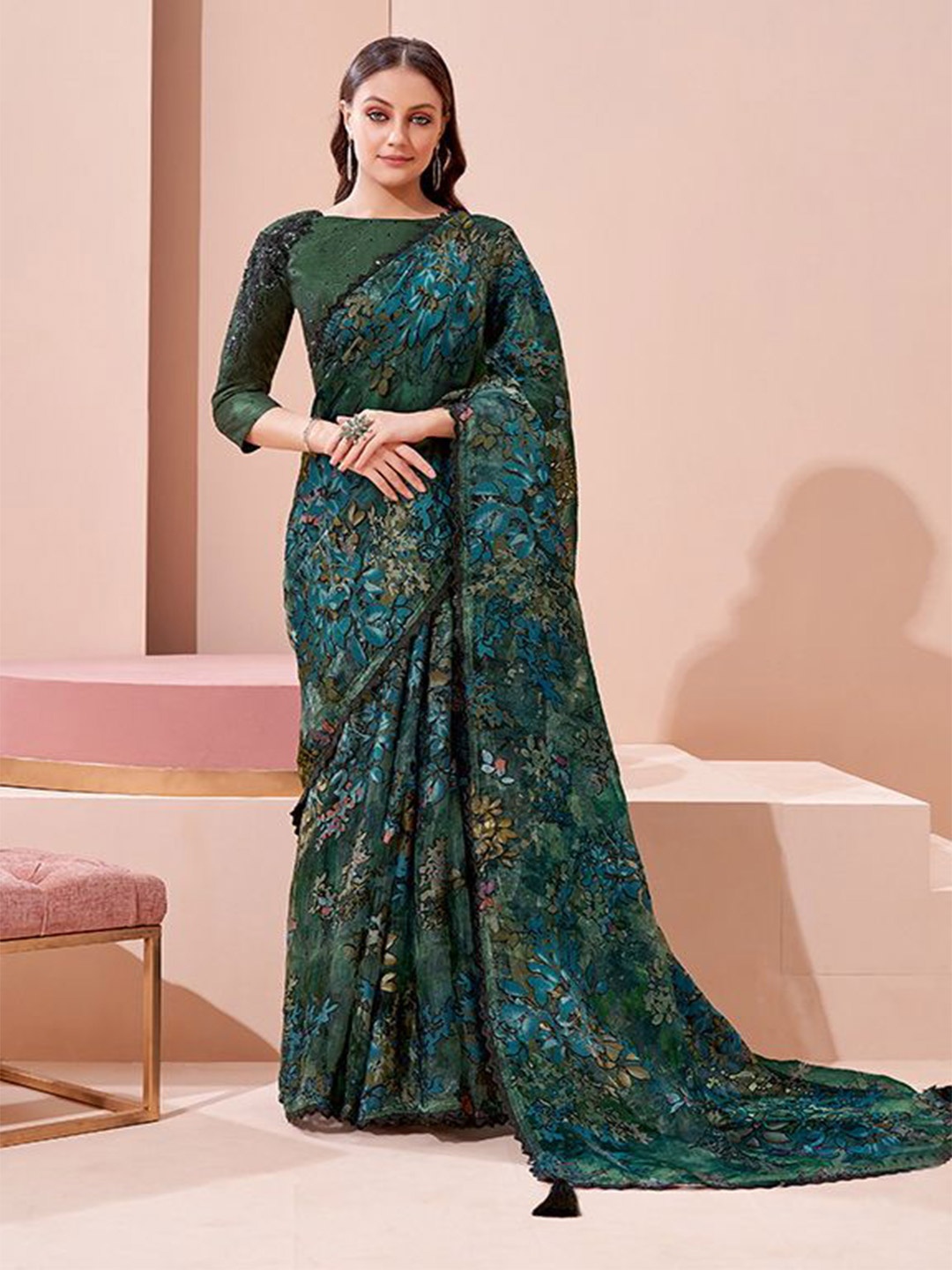 

Nimayaa Floral Embroidered Brasso Saree, Green