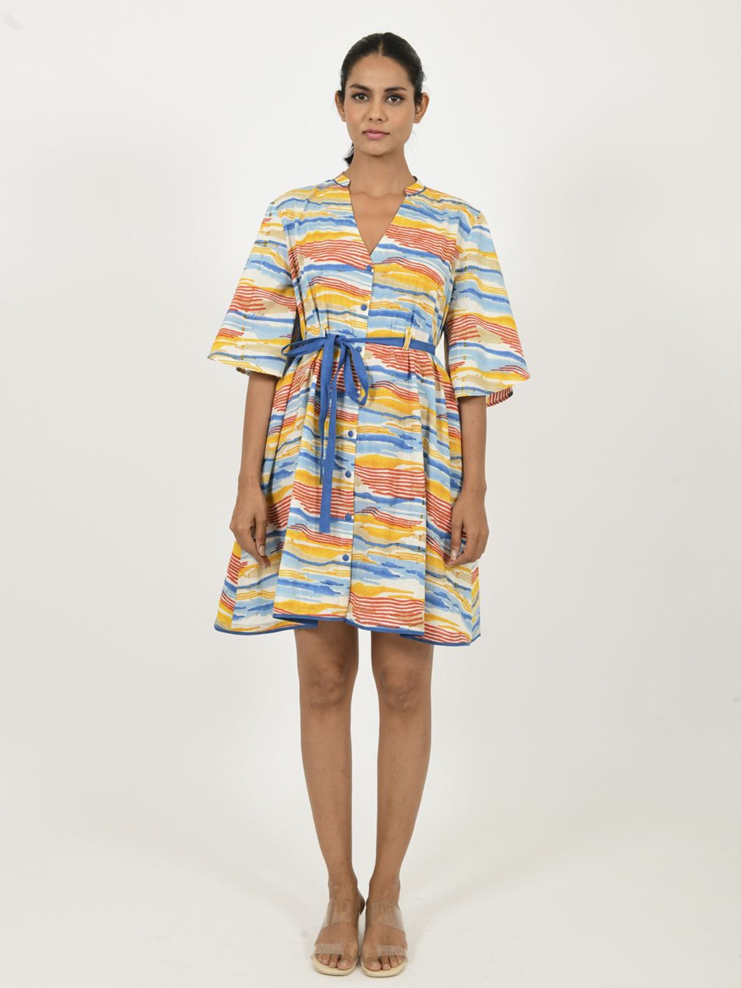 

Rias Jaipur Flared Sleeve Tie-Up Detail Organic Cotton A-Line Dress, Blue