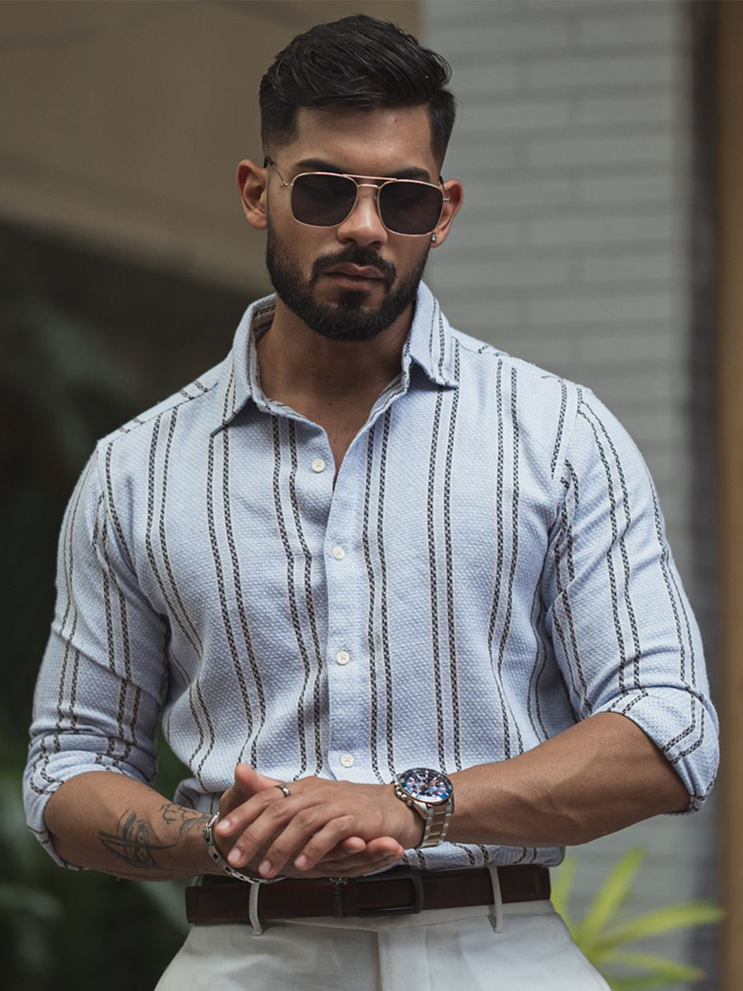 

Powerlook Men Spread Collar Striped Cotton Casual Shirt, Grey