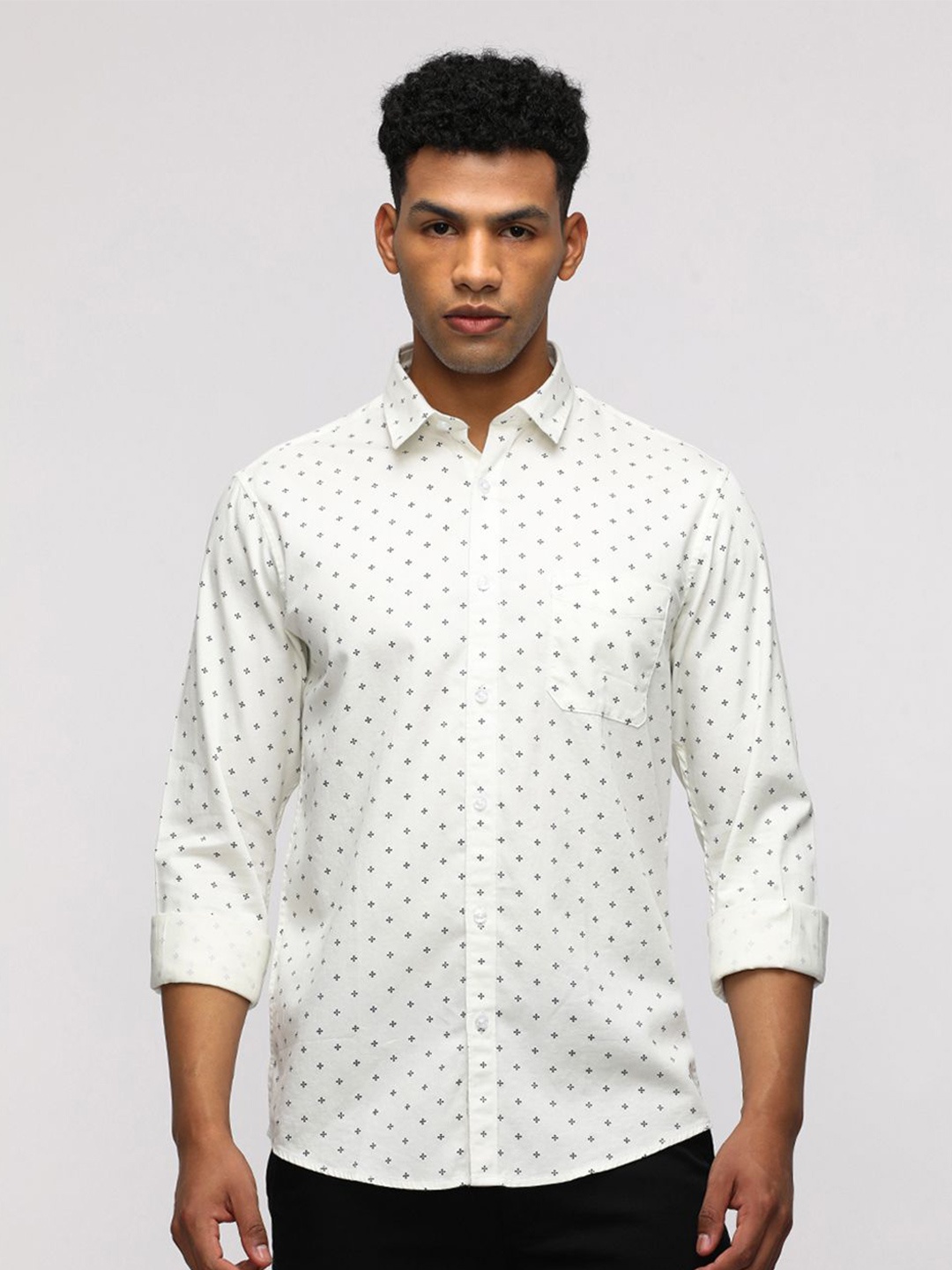 

Crocodile India Slim Fit Micro Ditsy Printed Sporty Elegance Pure Cotton Casual Shirt, White