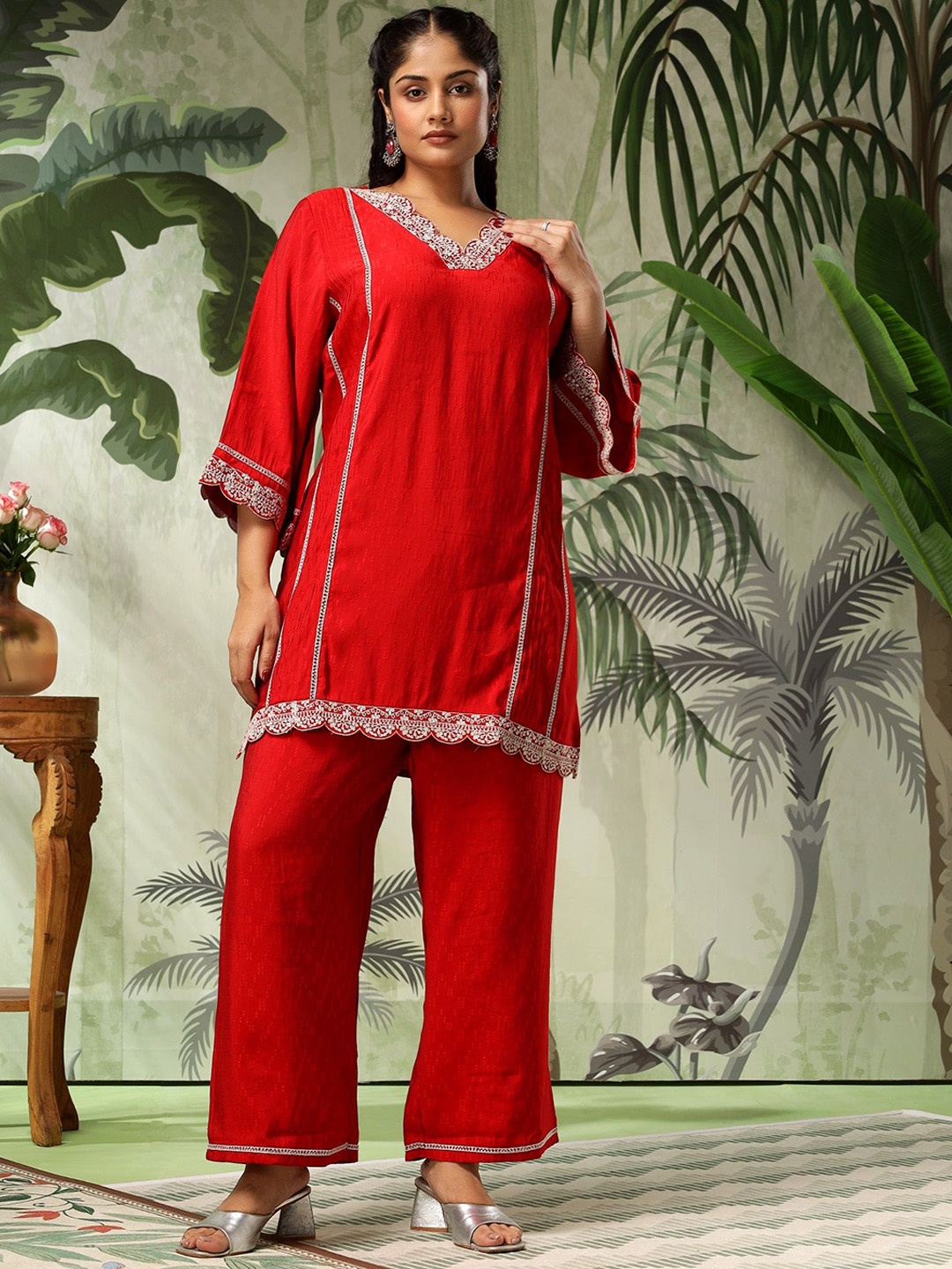 

Bani Women Plus Size Embroidered V-Neck Tunic With Trouser, Red