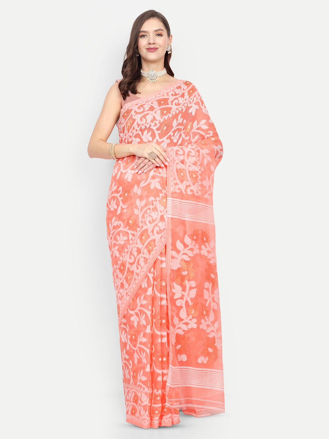 

BENGAL HANDLOOM Woven Design Taant Saree, Orange