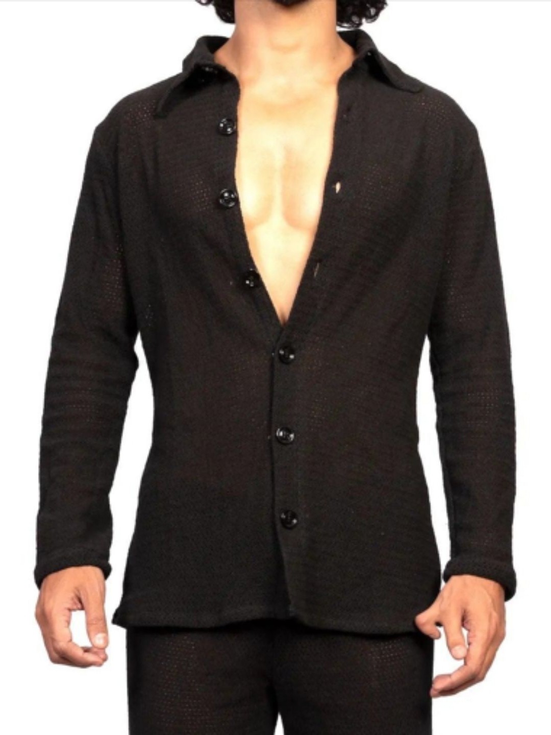 

EROBOLD Textured Self Design Spread Collar Crochet Cotton Casual Shirt, Black
