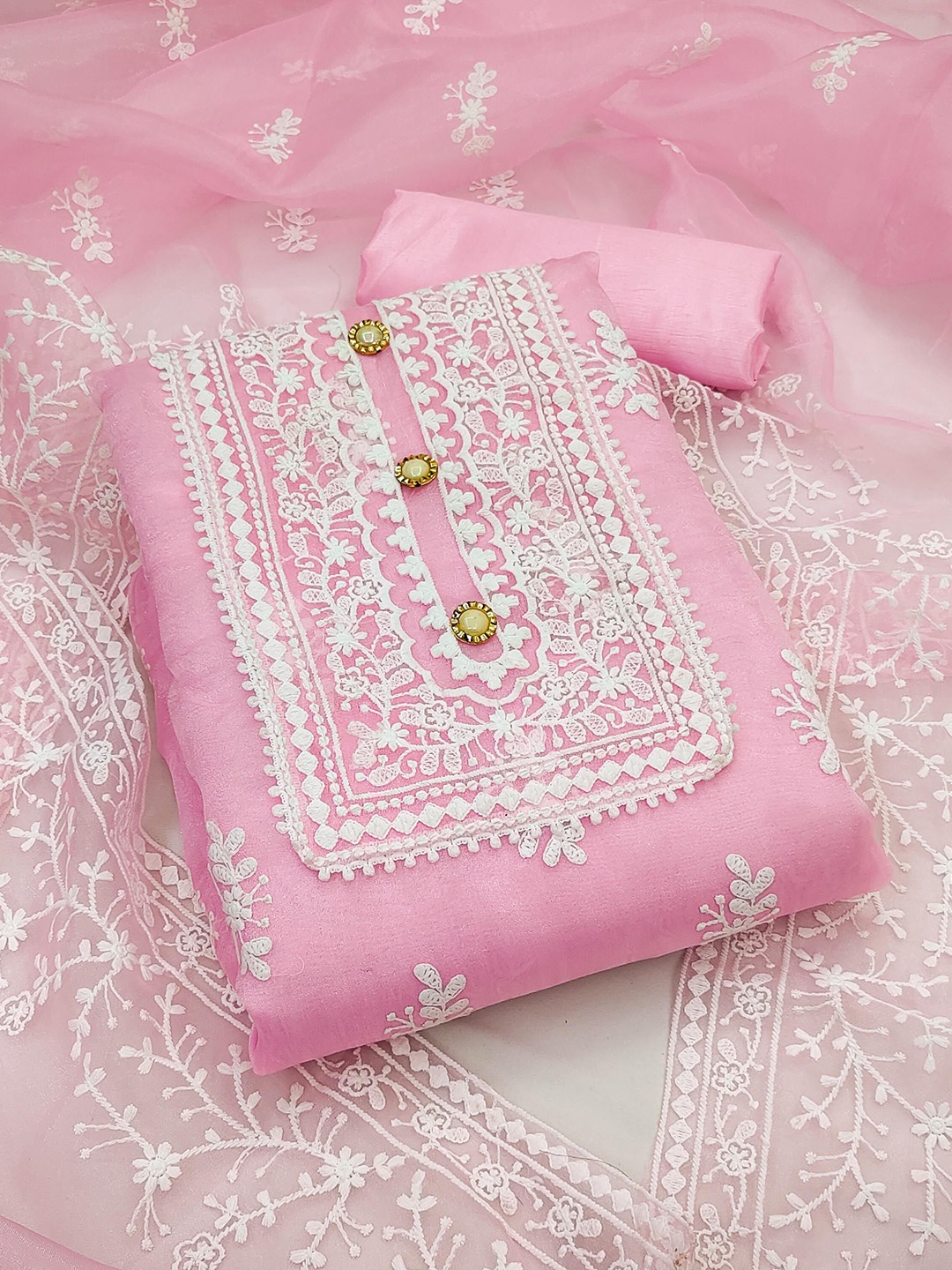 

Ishin Floral Embroidered Organza Unstitched Dress Material, Pink