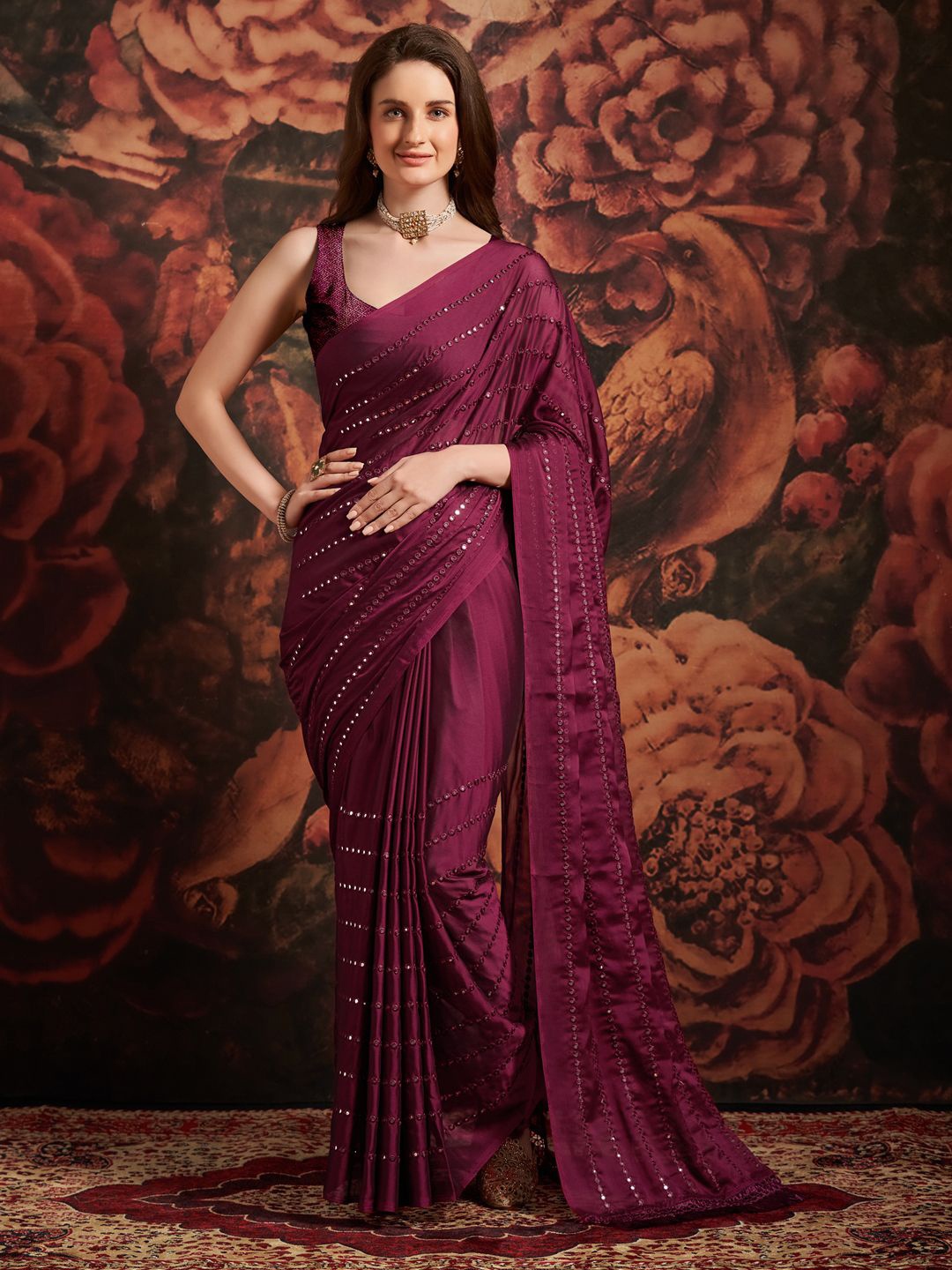 

KALINI Embellished Mirror Work Poly Georgette Saree, Magenta