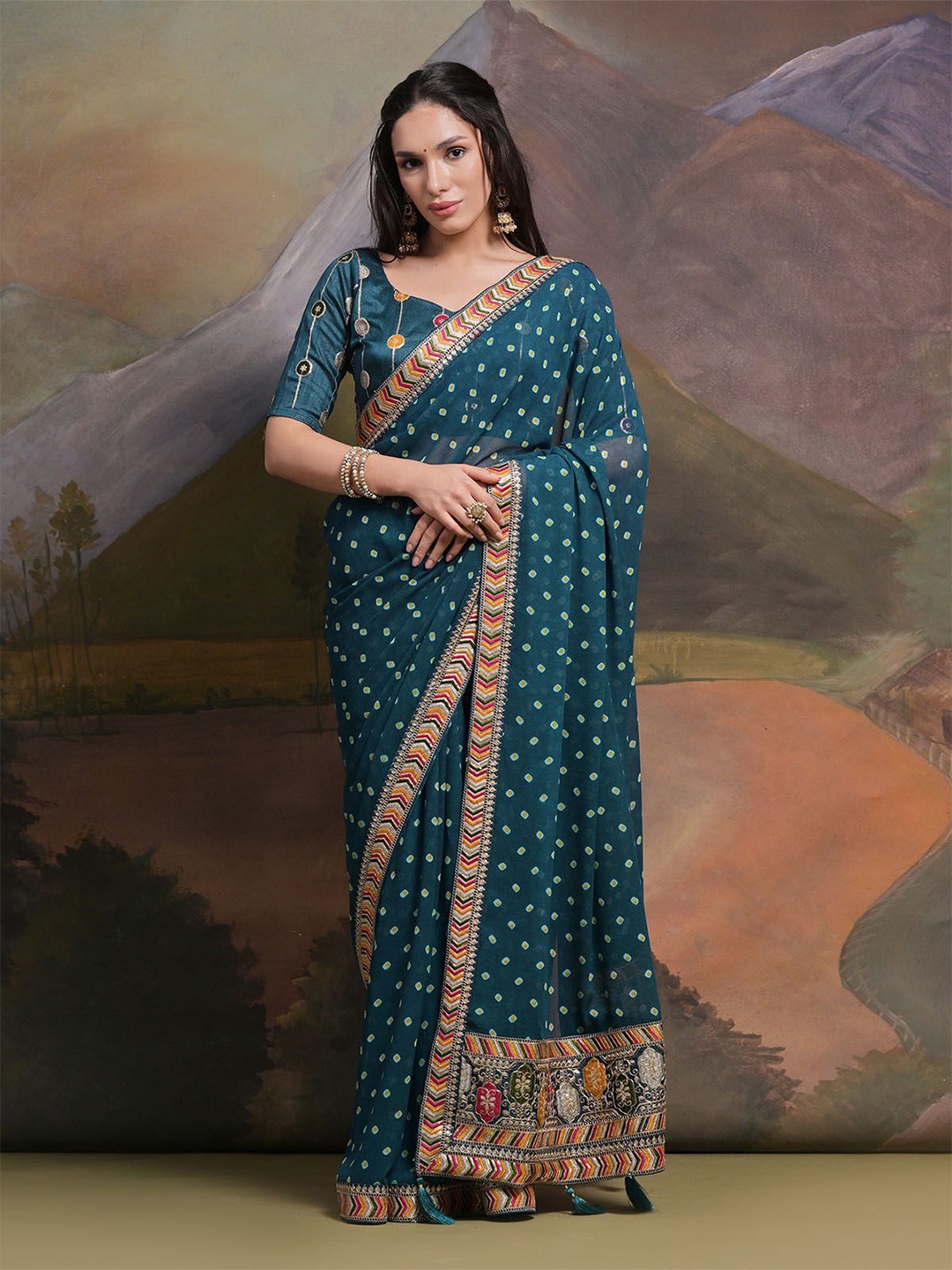 

ODETTE Bandhani Printed Saree With Blouse Piece, Blue