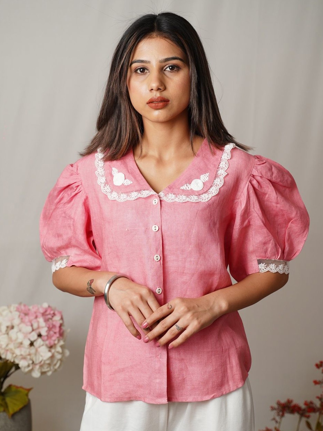 

SIDDHO HUM Women Peter pan Collar Solid Linen Casual Shirt, Peach