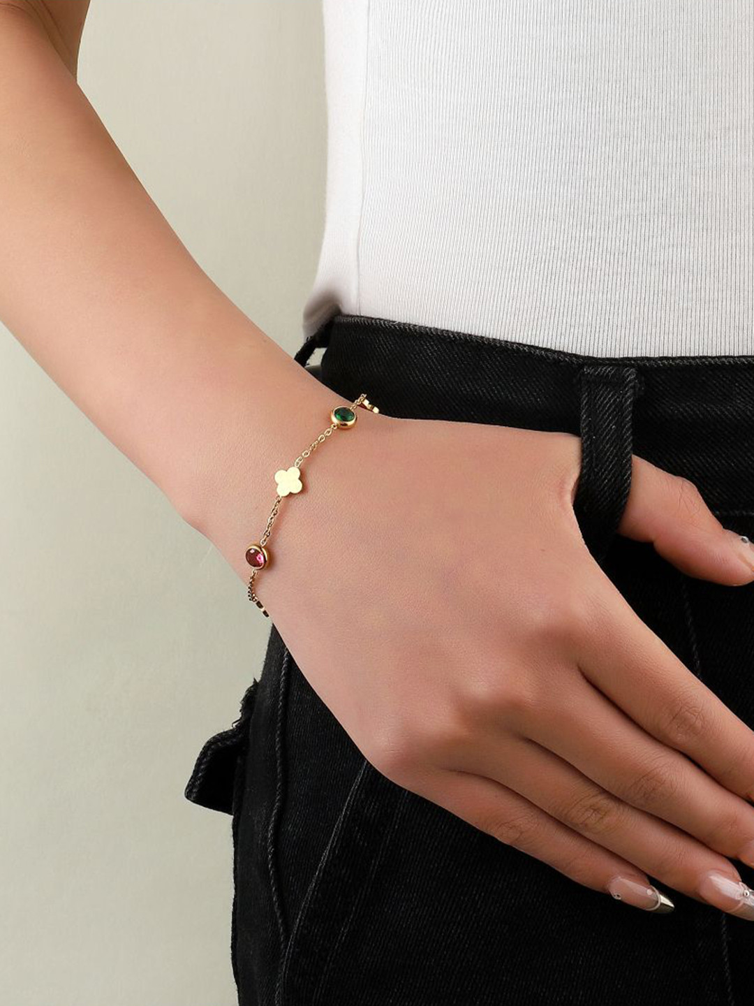 

SALTY Sprakling Gems Stainless Steel Stones Studded Wraparound Bracelet, Gold