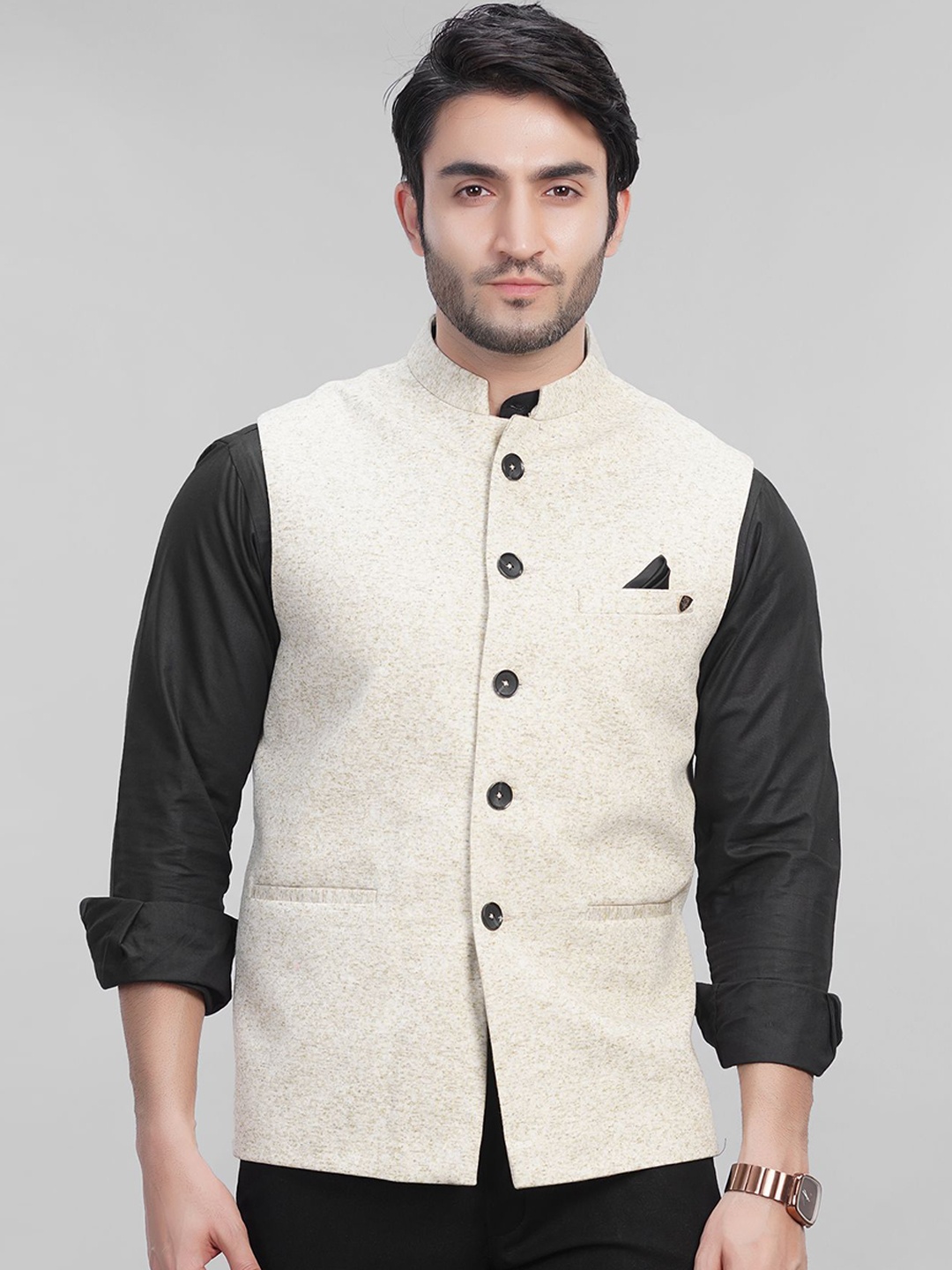 

LA'SCOOT Mandarin Collar Nehru Jacket, Off white