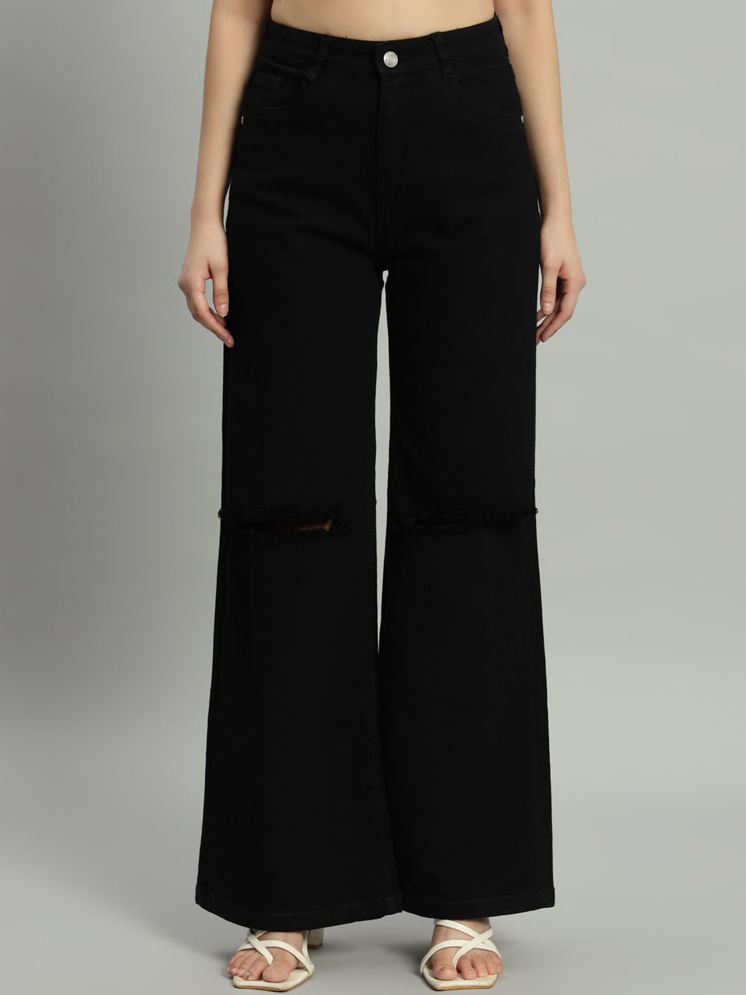 

BAESD Women Wide Leg High-Rise Slash Knee Stretchable Jeans, Black