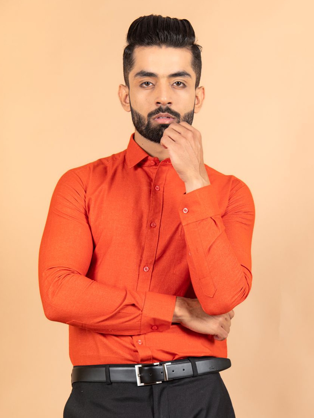 

Tistabene Men Standard Spread Collar Solid Cotton Formal Shirt, Orange