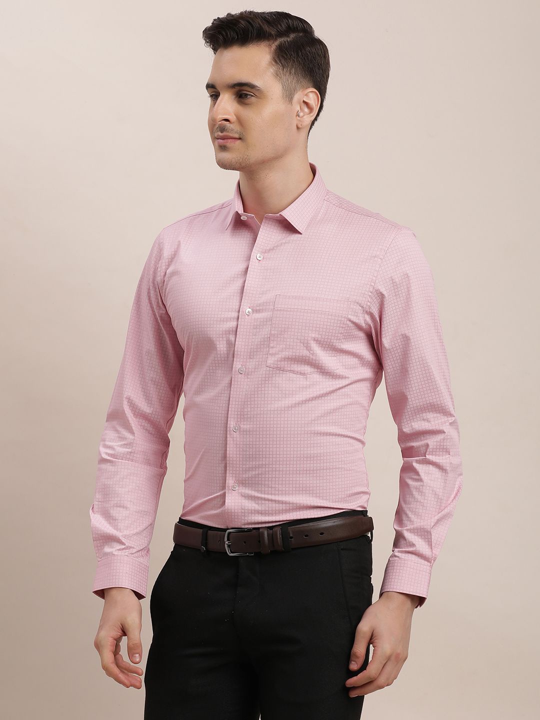 

Turtle Men Standard Spread Collar Micro Checked Cotton Slim Fit Formal Shirt, Pink