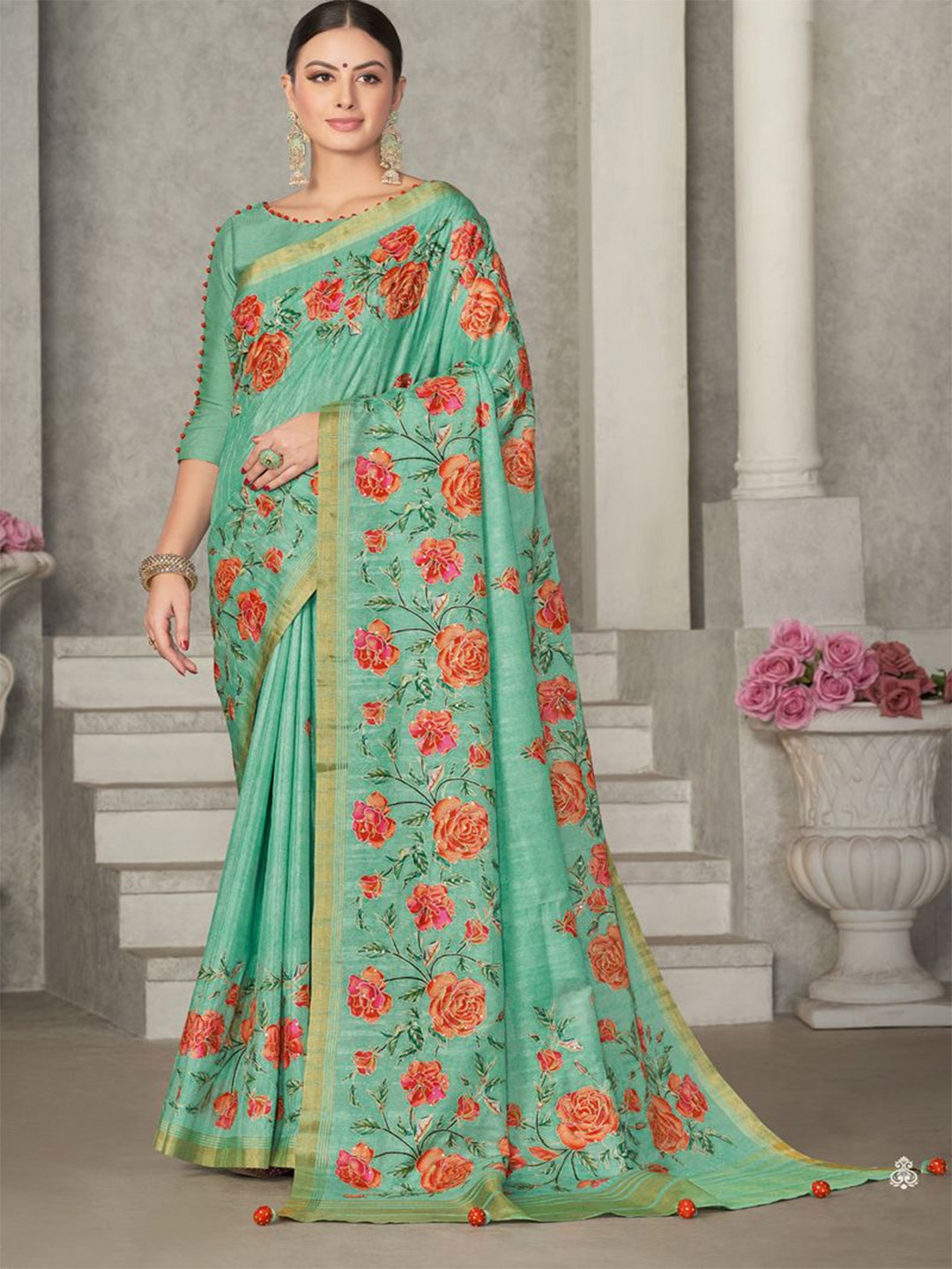 

Nimayaa Floral Zari Silk Blend Saree, Sea green