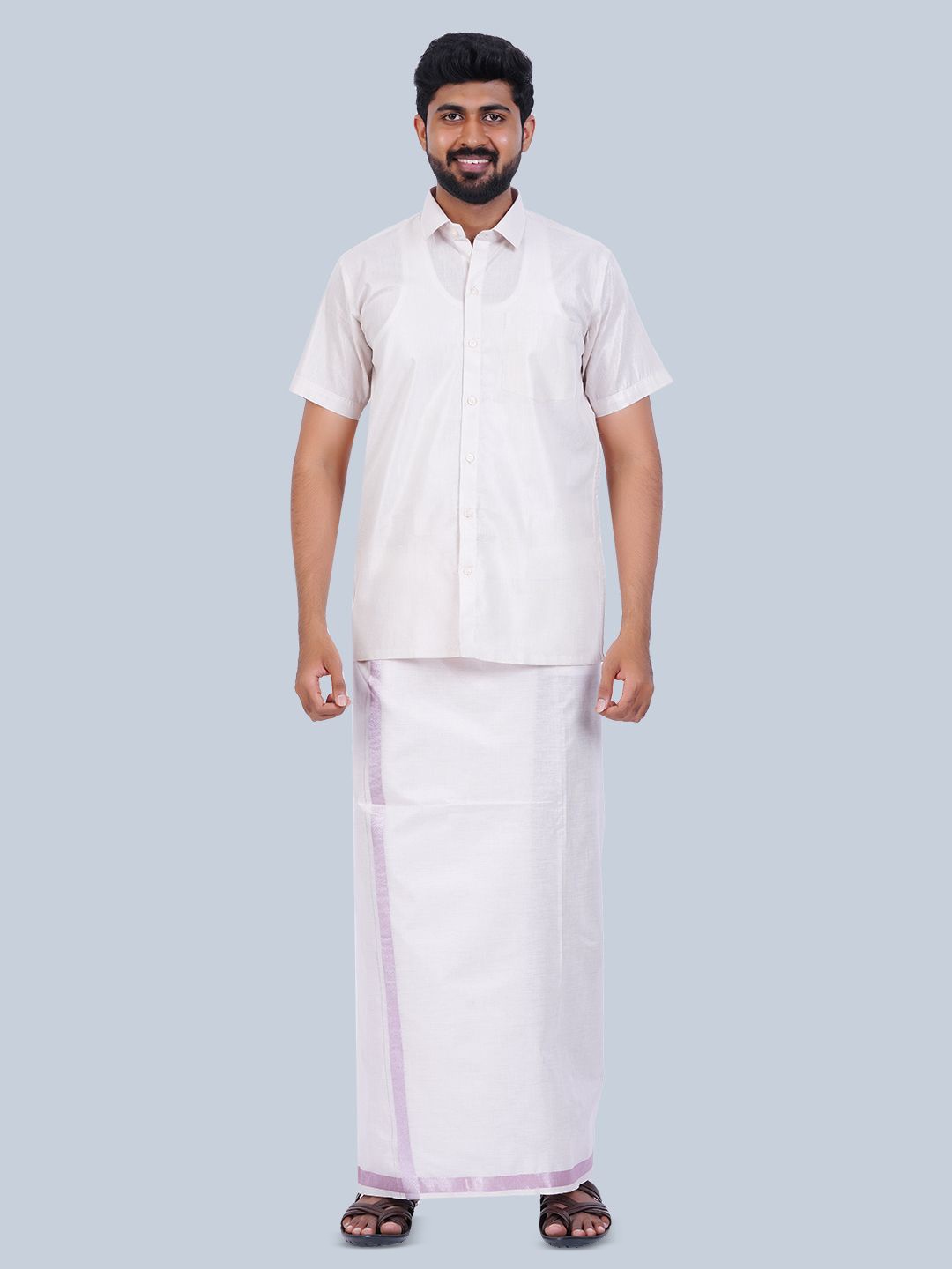 

THANGAMAGAN Tissue Cotton Shirt with Veshti, White