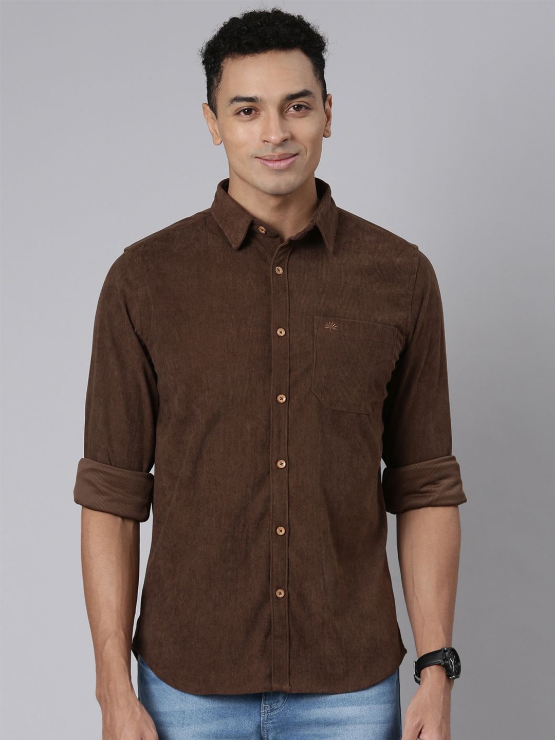 

Chennis Men Spread Collar Solid Cotton Slim Fit Casual Shirt, Brown