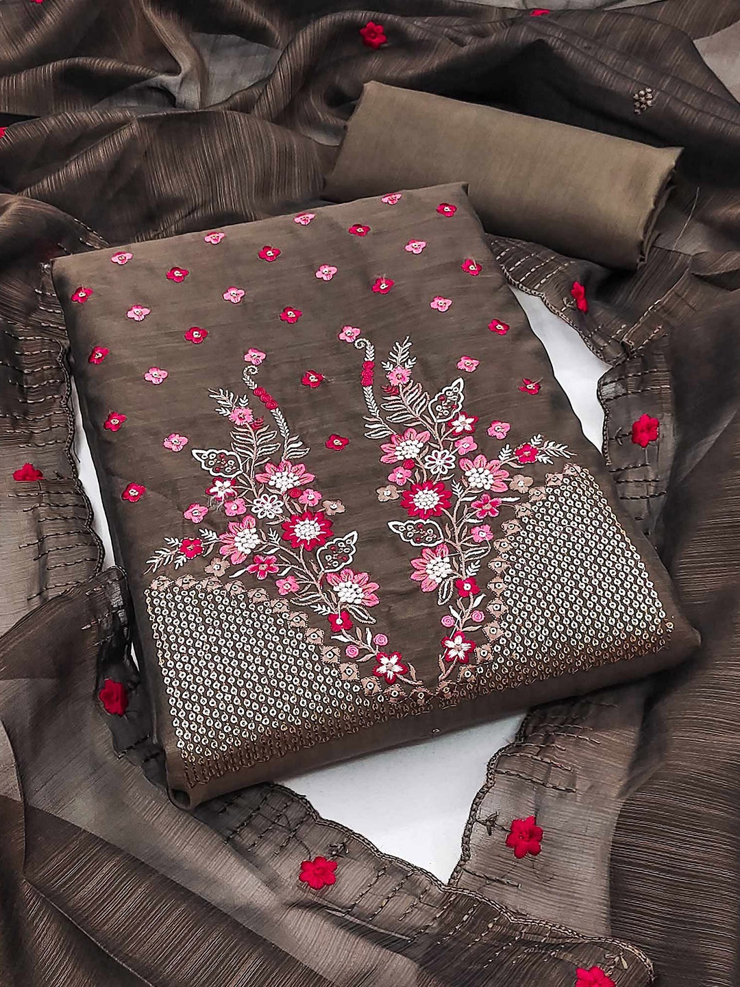 

Peachmode Ethnic Motifs Embroidered Sequinned Unstitched Dress Material, Brown