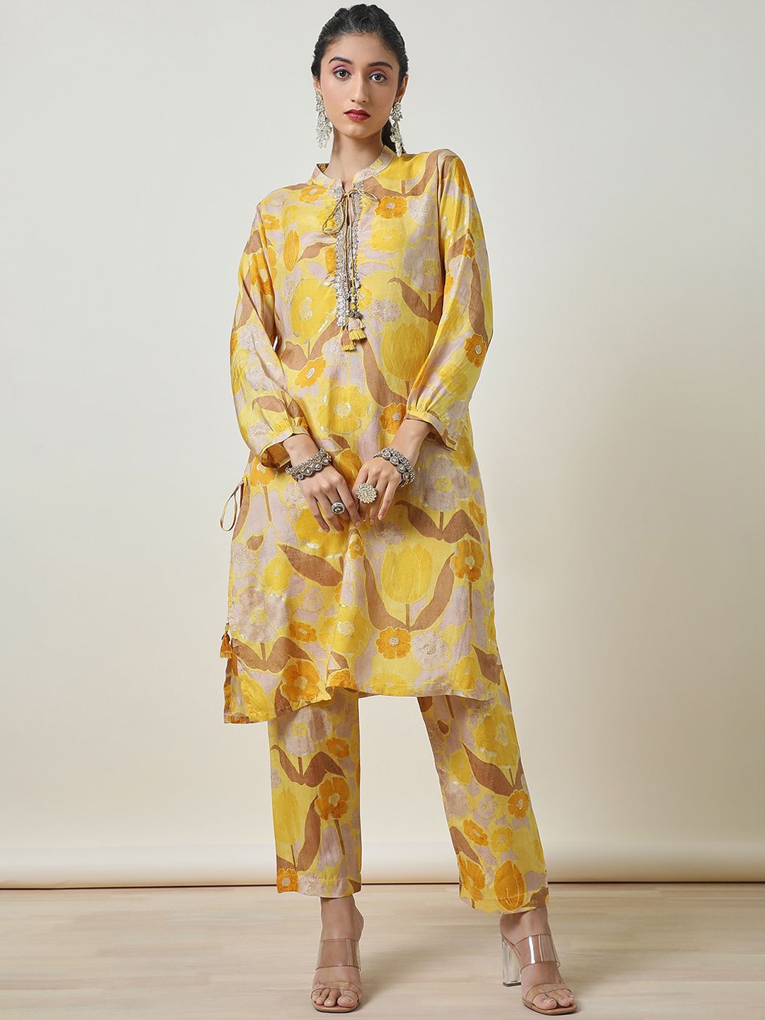 

Soch Floral Printed Mandarin Collar Long Sleeves Tunic & Trousers, Mustard