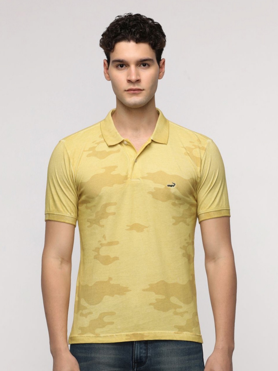 

Crocodile Men Abstract Printed Polo Collar Pure Cotton Slim Fit T-Shirt, Yellow