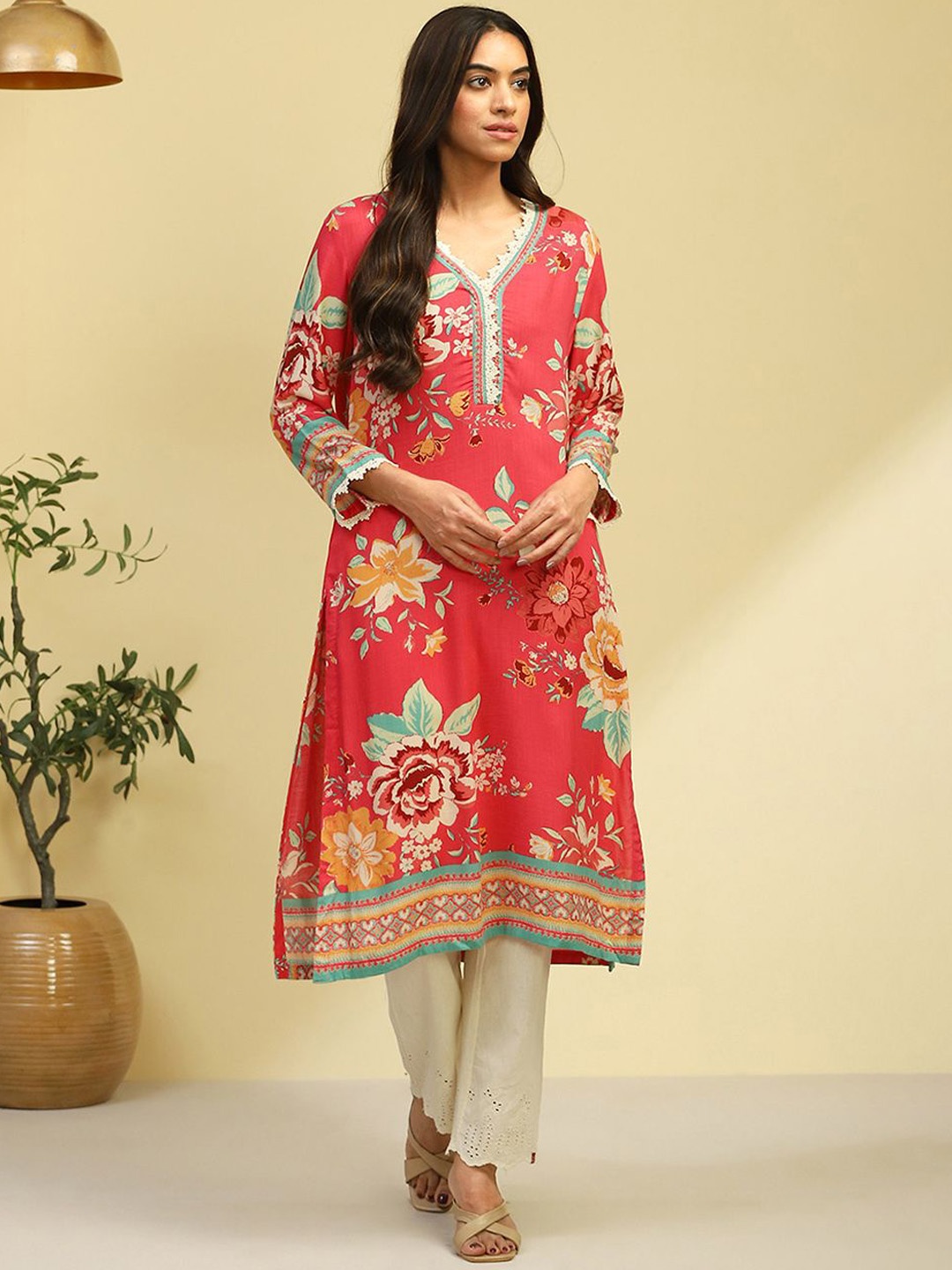 

Biba Floral Printed Flared Sleeves A-Line Kurta, Pink