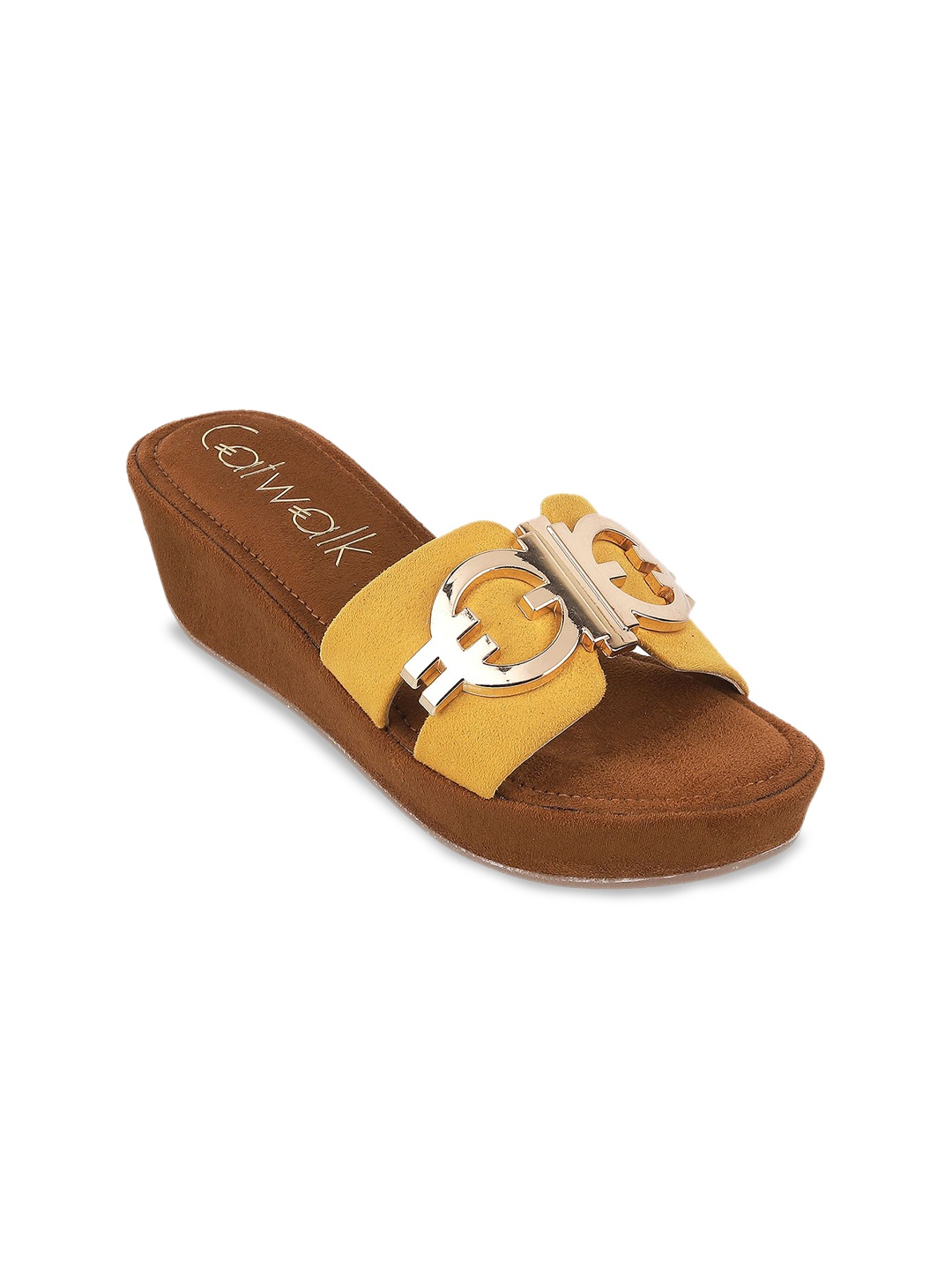 

Catwalk Suede Wedge Sandals with Buckles, Yellow