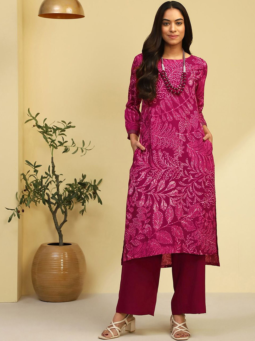 

Biba Floral Printed Straight Kurta With Palazzo, Purple