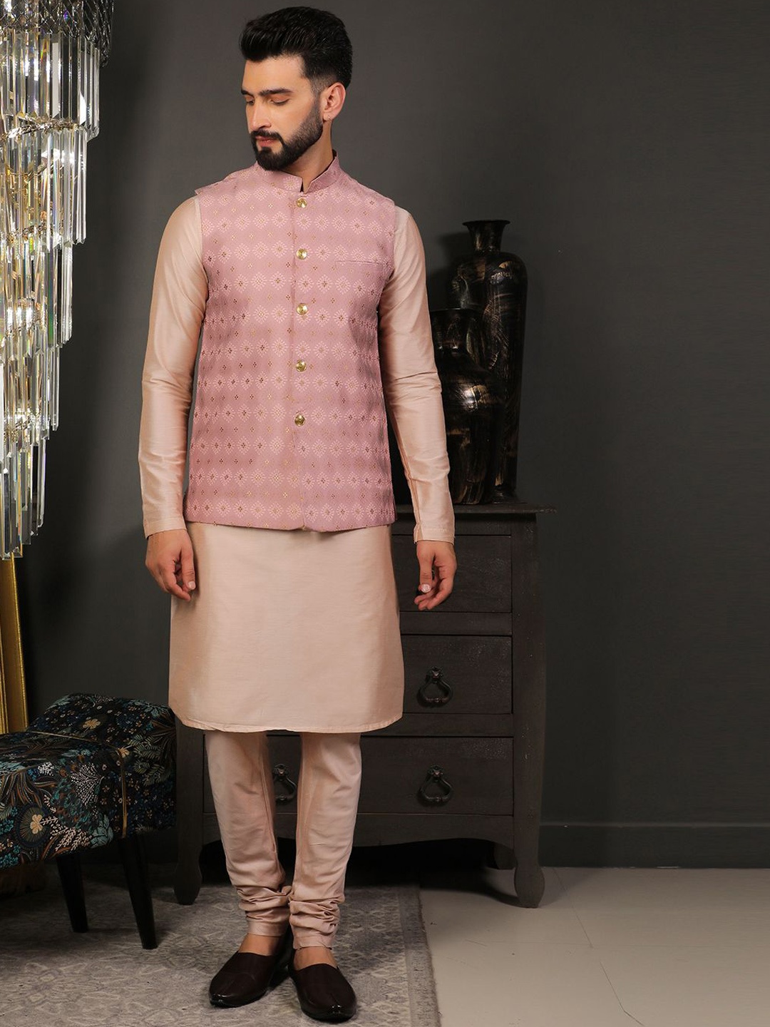 

DEYANN Mandarin Collar Jacquard Weave Cotton Silk Kurta with Churidar & Nehru jacket, Pink