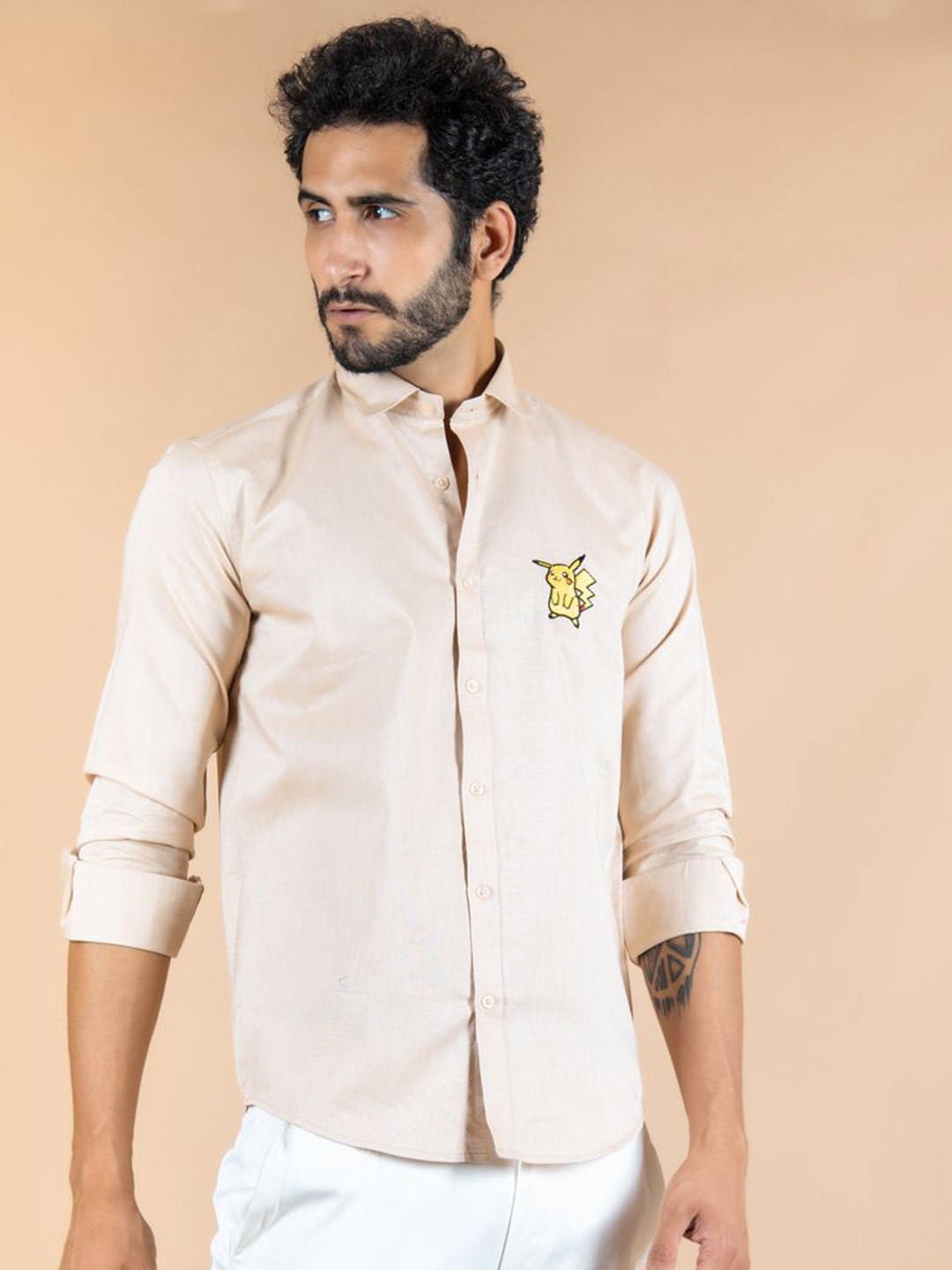 

Tistabene Men Standard Spread Collar Solid Cotton Casual Shirt, Beige