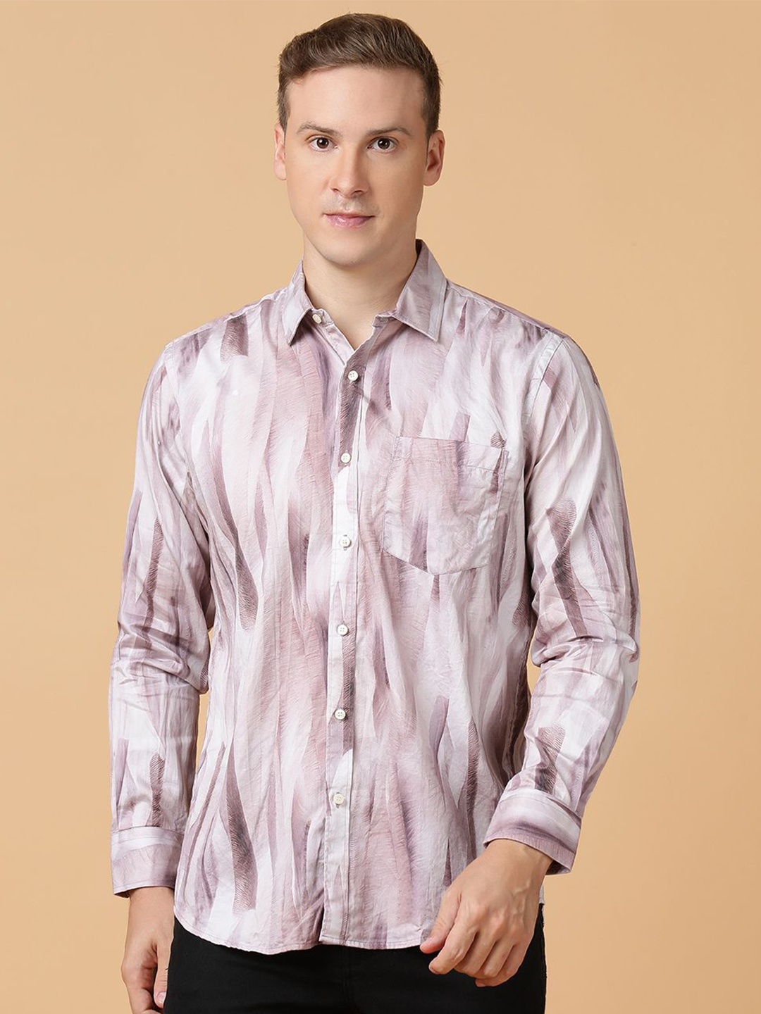 

TABARD Men Spread Collar Abstract Printed Cotton Casual Shirt, Peach