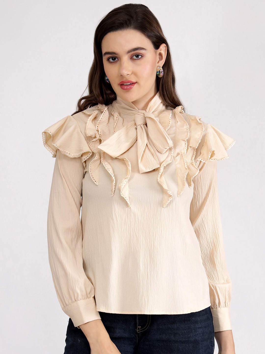 

SALT ATTIRE Tie-Up Neck Top, Beige