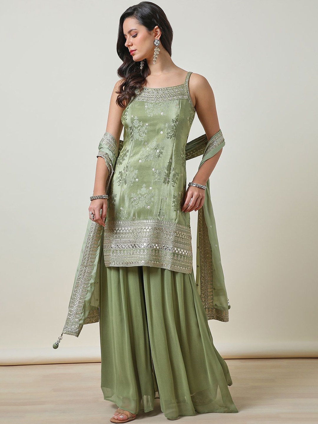 

Soch Floral Embroidered Mirror Work Straight Kurti with Palazzos & Dupatta, Green