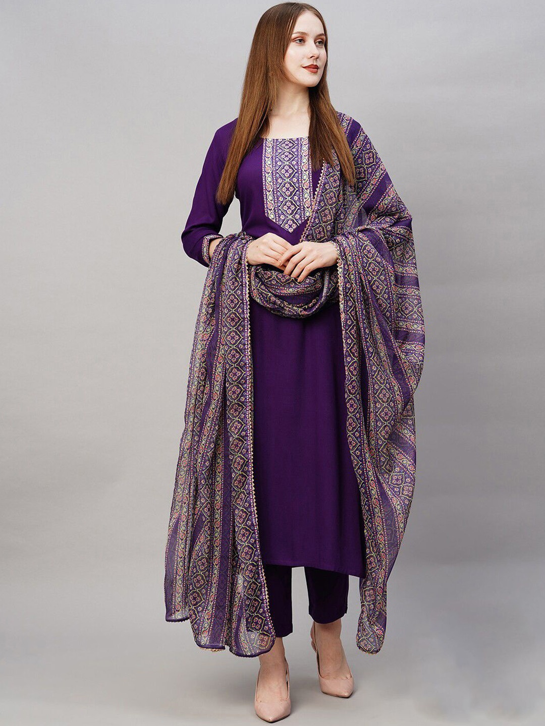 

GoSriKi Floral Yoke Design Thread Work Straight Kurta With Trousers & Dupatta, Purple