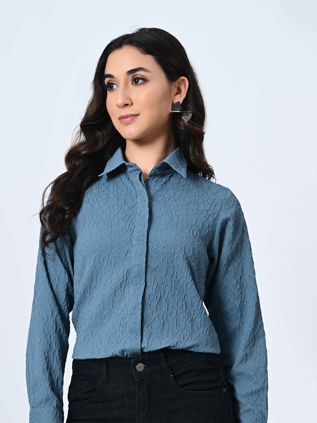 

ALL WAYS YOU Women Standard Spread Collar Textured Acrylic Casual Shirt, Blue