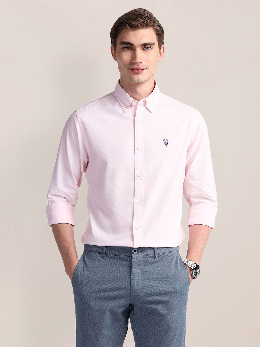 

U.S. Polo Assn. Men Modern Button-Down Collar Solid Cotton Slim Fit Casual Shirt, Pink