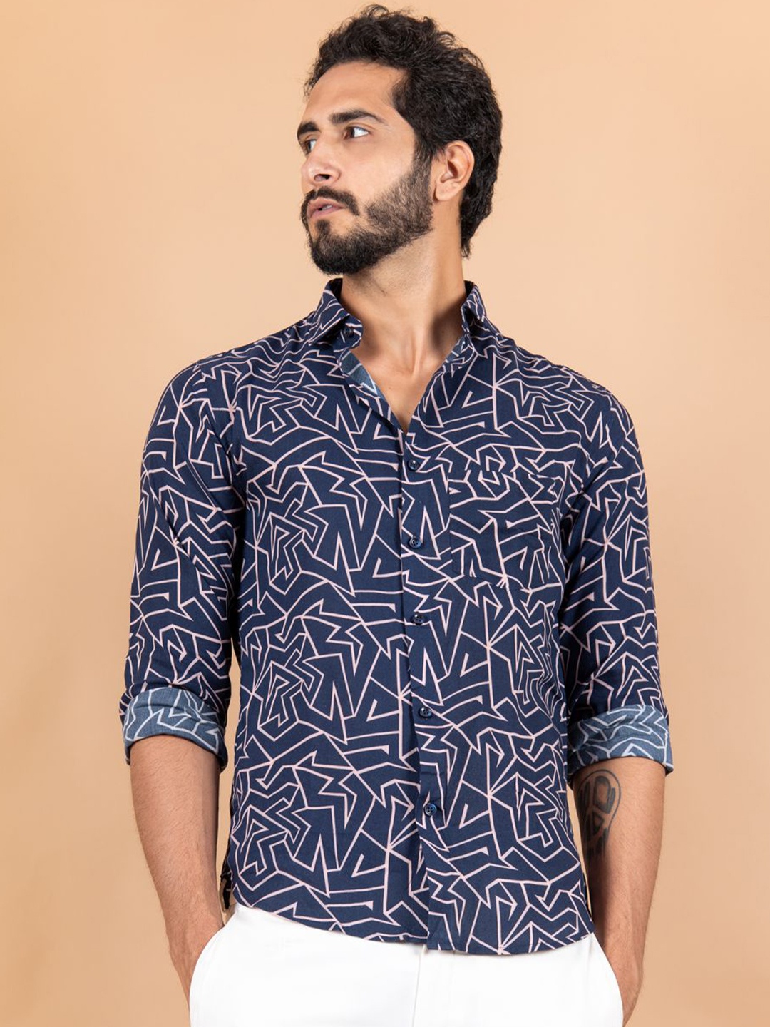 

Tistabene Men Standard Opaque Printed Casual Shirt, Navy blue