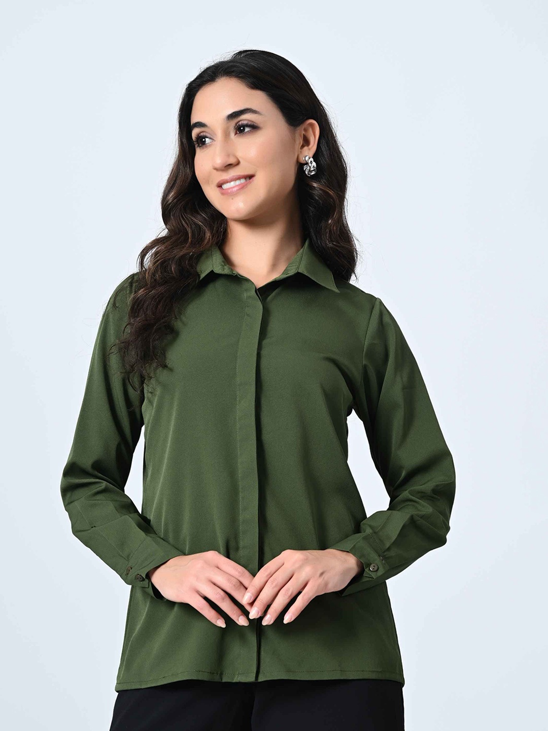 

ALL WAYS YOU Women Standard Spread Collar Solid Crepe Formal Shirt, Green