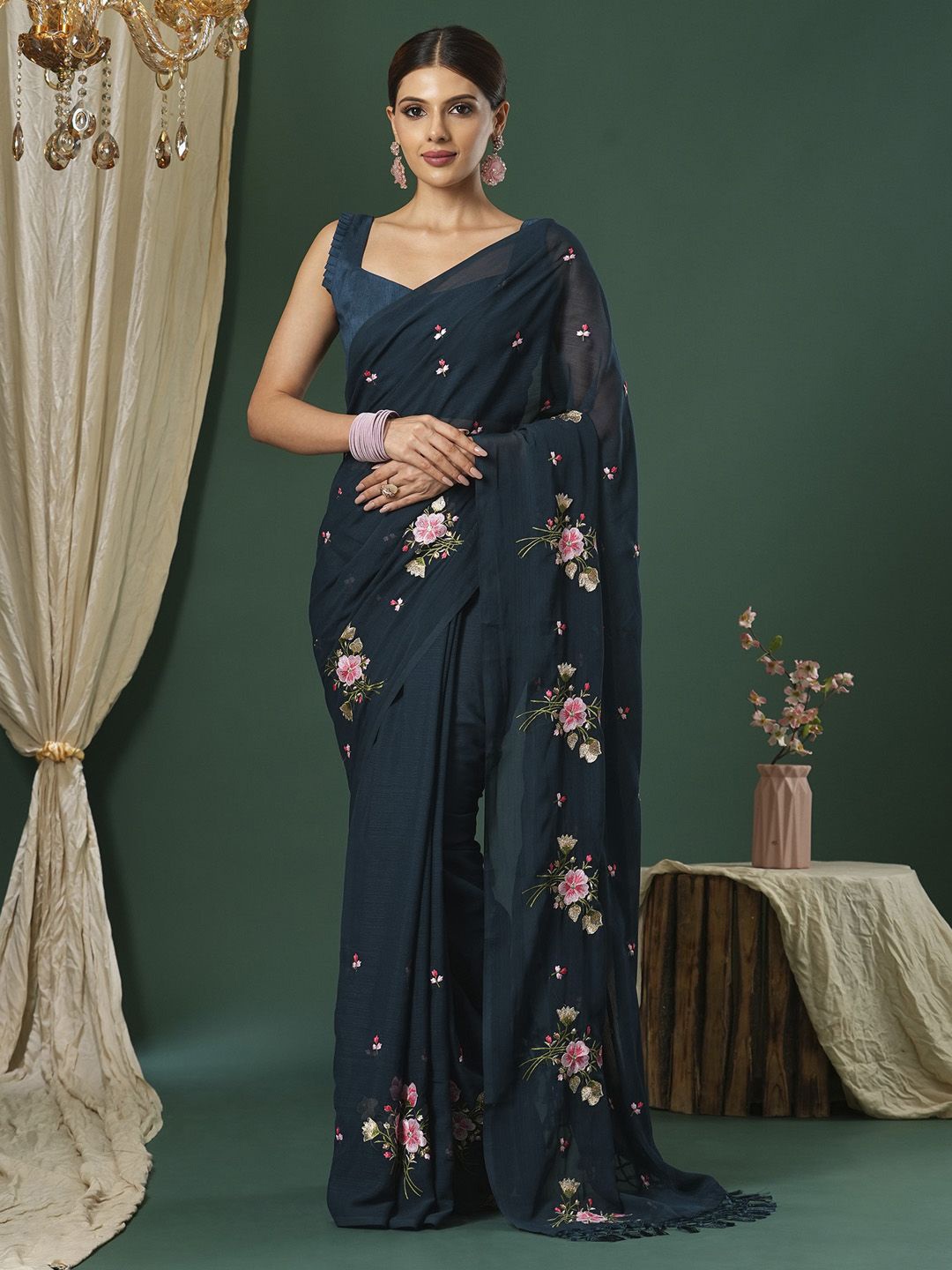 

KALINI Floral Embroidered Saree, Teal