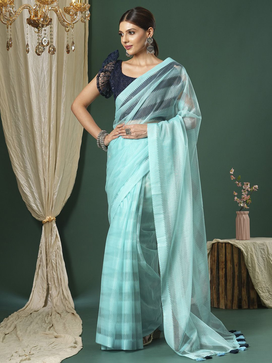 

KALINI Striped Woven Design Net Saree, Blue