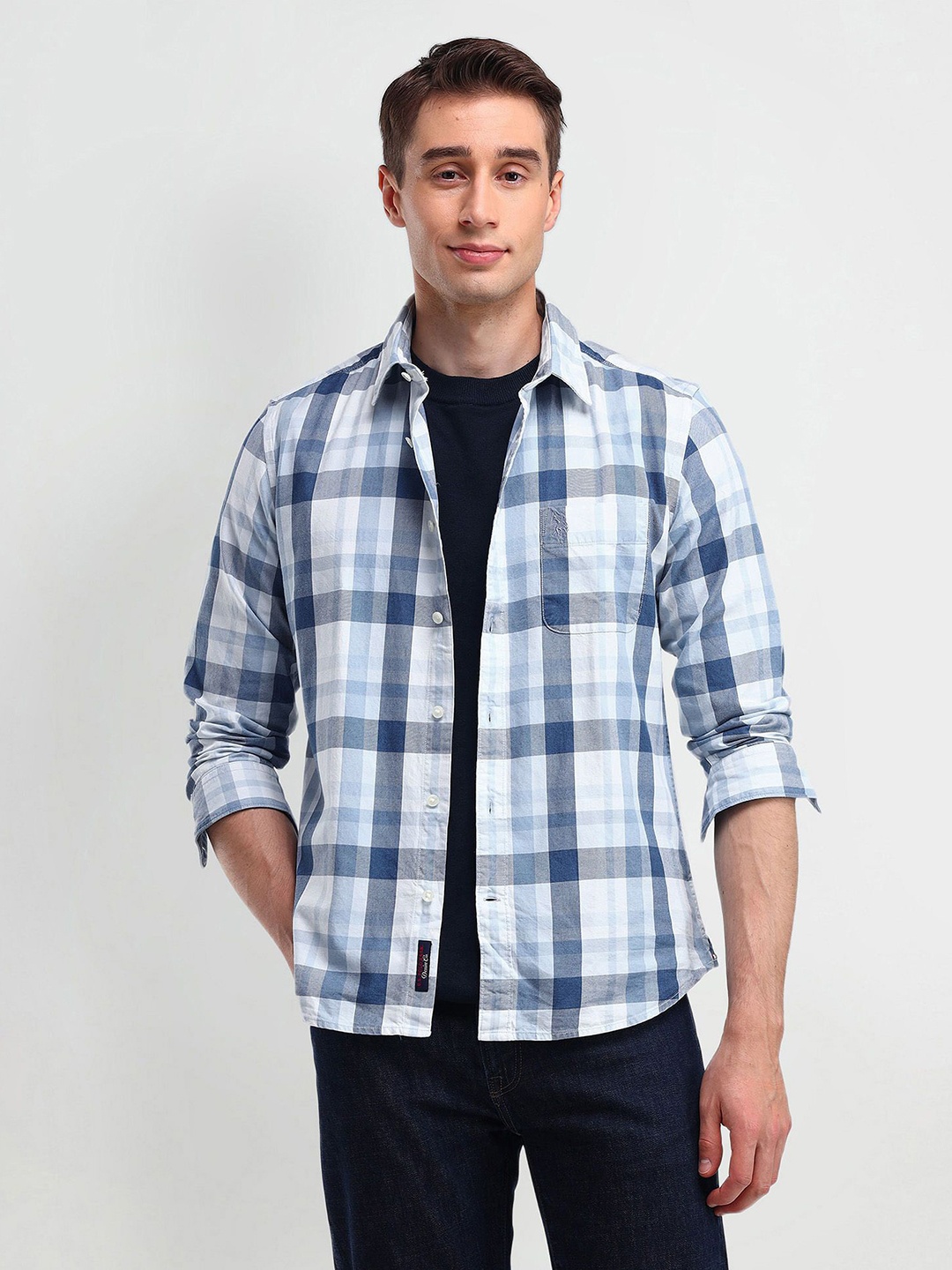 

U.S. Polo Assn. Men Modern Spread Collar Checked Cotton Slim Fit Casual Shirt, Blue