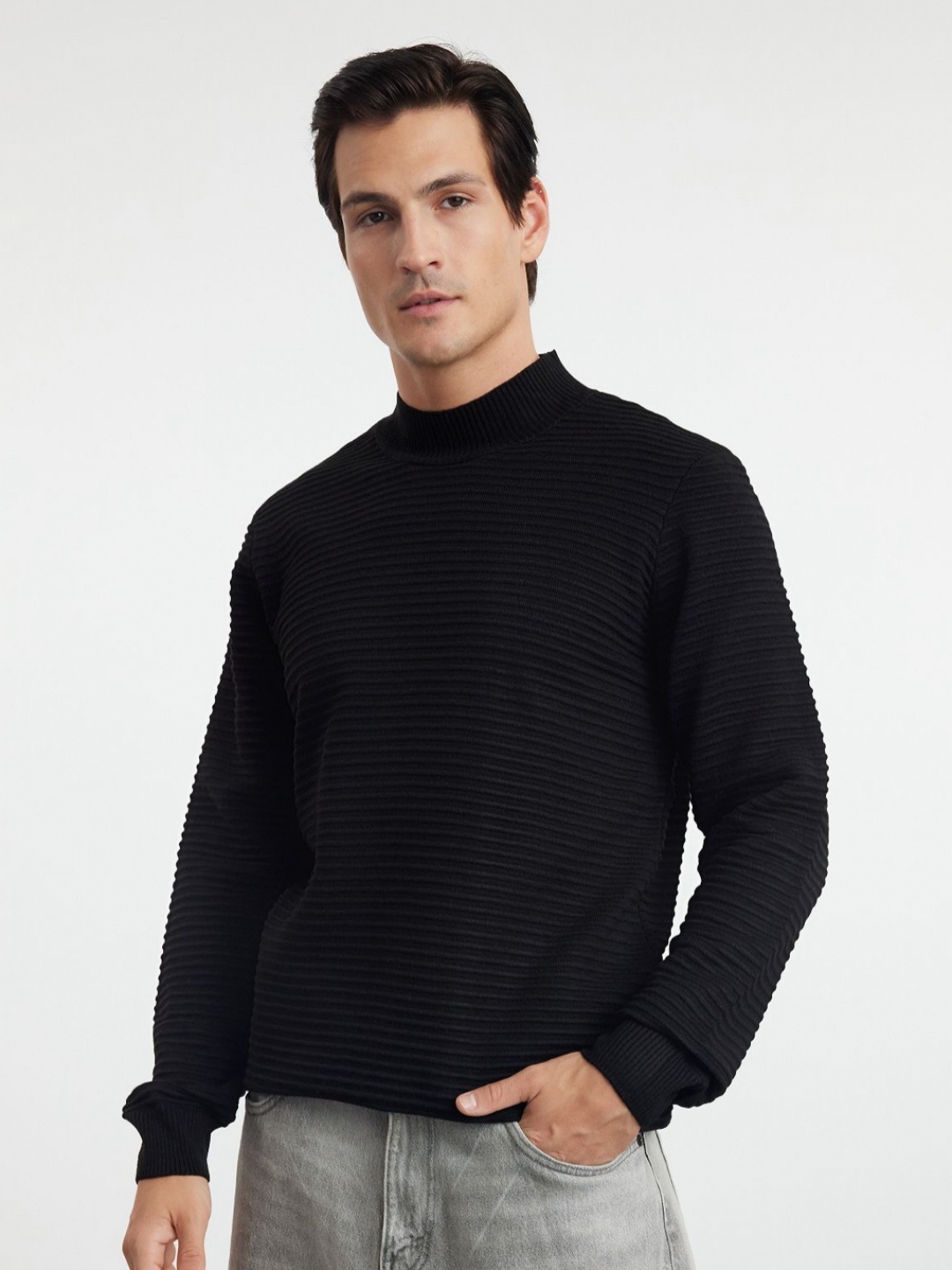 

Trendyol Men Self Design High Neck Acrylic T-Shirt, Na