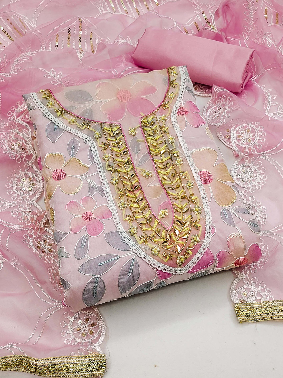 

KIMISHA Floral Embellished Beads & Stones Organza Unstitched Dress Material, Pink
