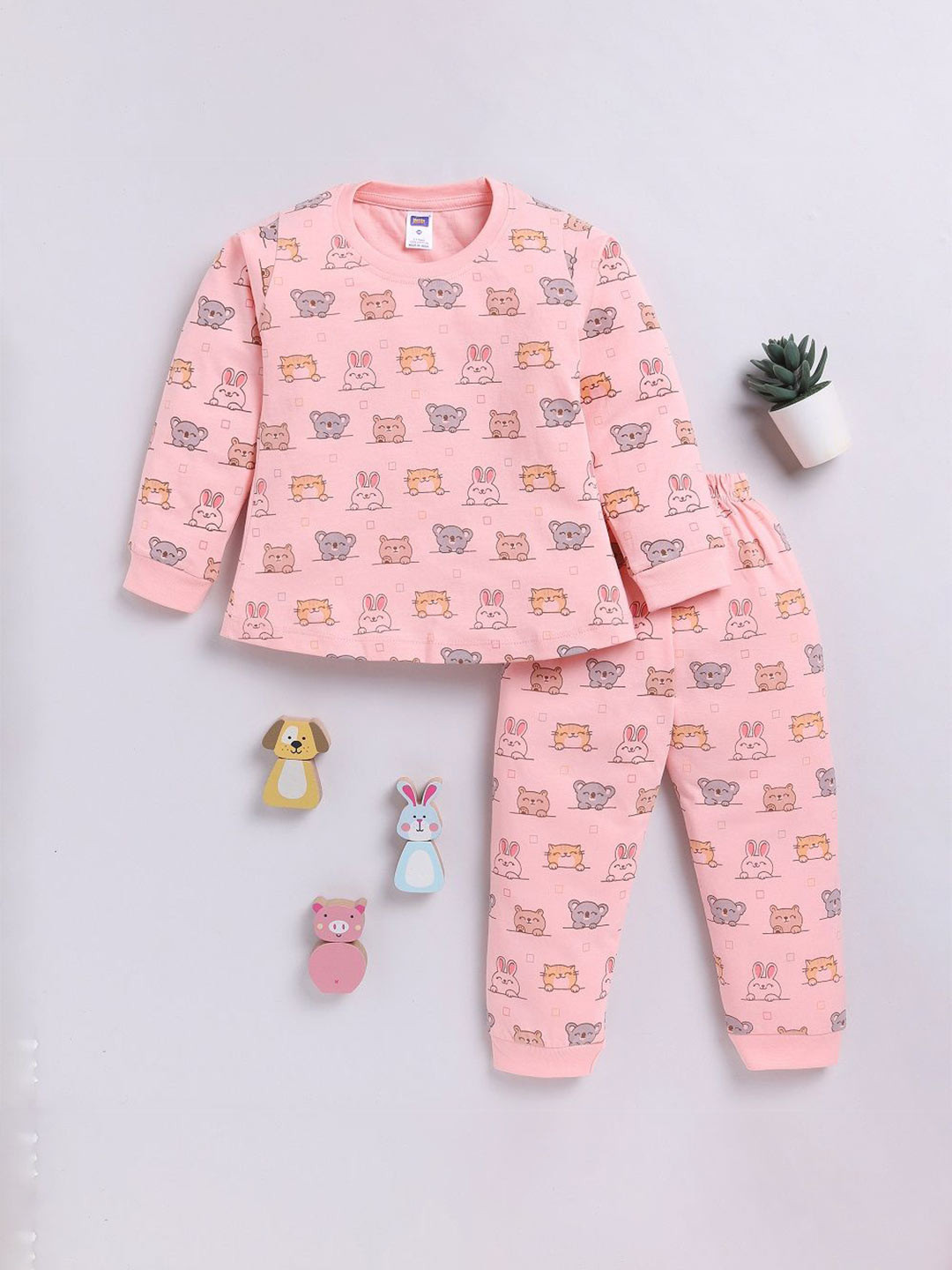 

Nottie Planet Girls Rabbit Printed Pure Cotton T-shirt with Joggers, Pink
