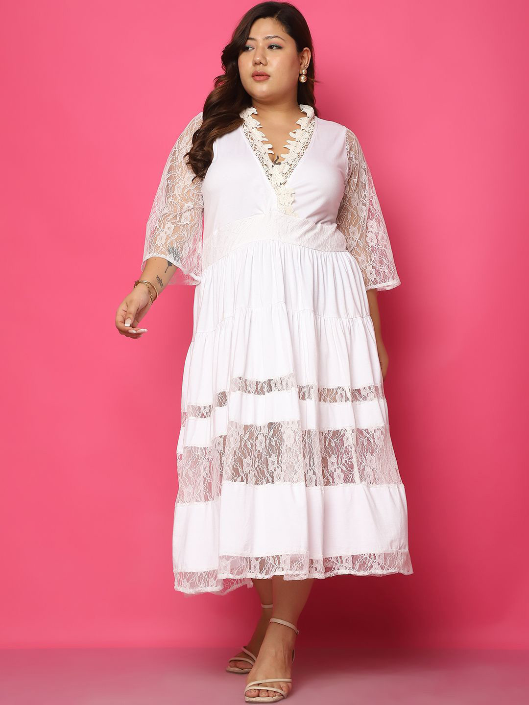 

theRebelinme V neck A-Line Midi Dress, White