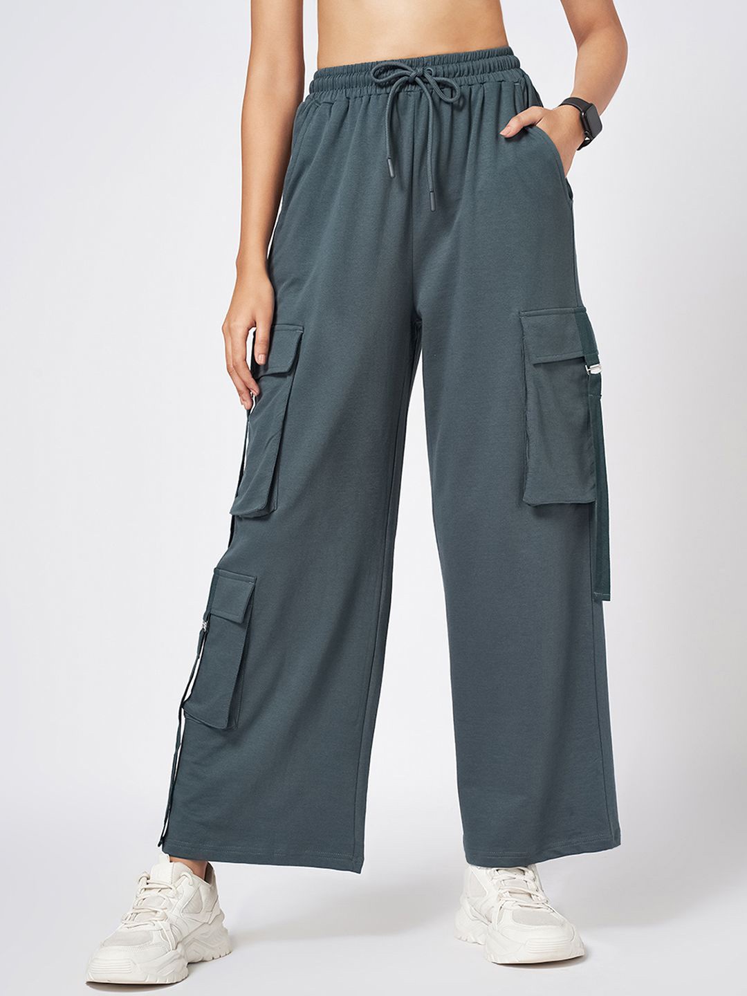 

Ajile by Pantaloons Women Straight Fit High-Rise Pure Cotton Cargos, Steel