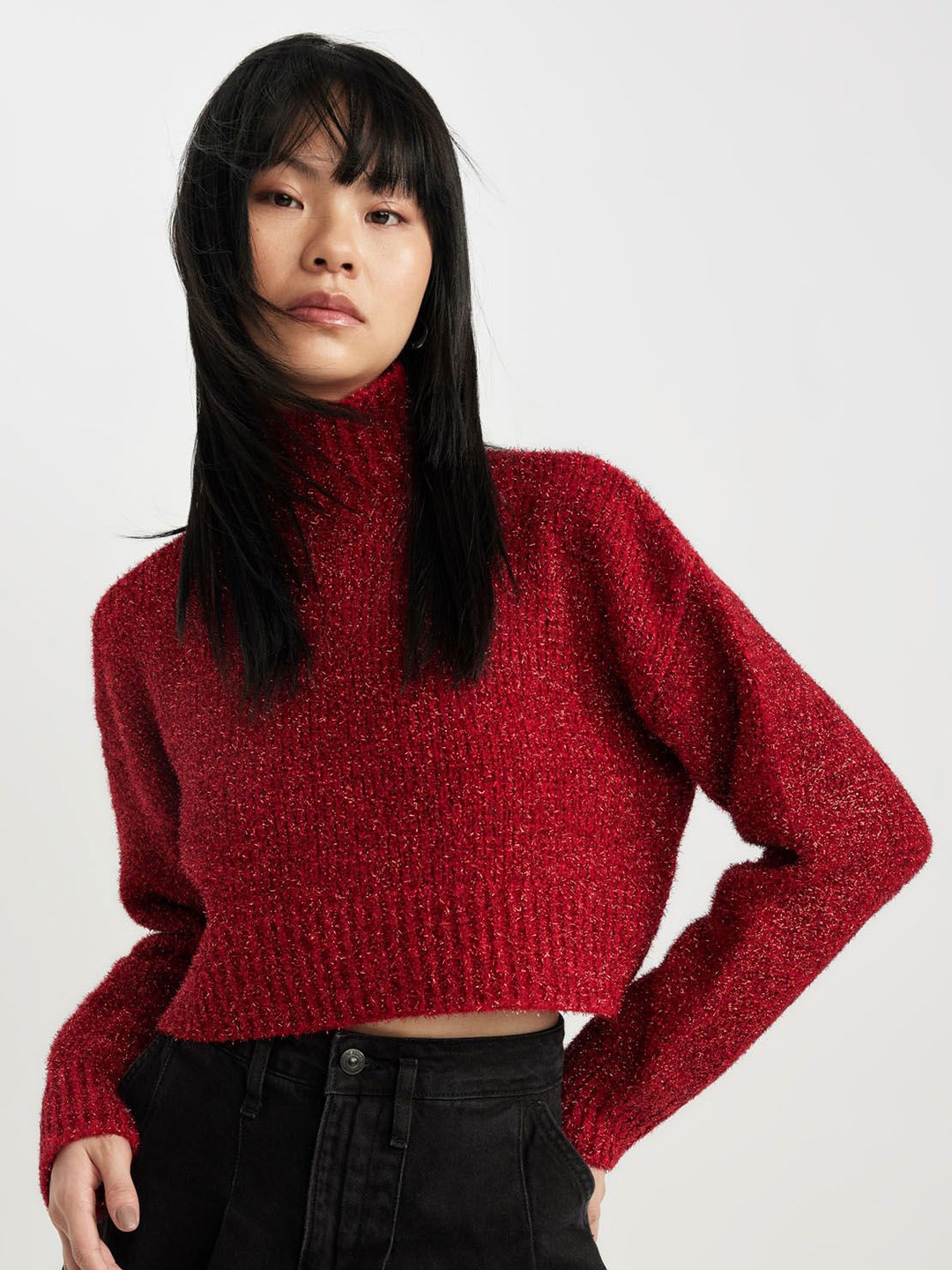 

DeFacto Women Cable Knit Crop Pullover, Red