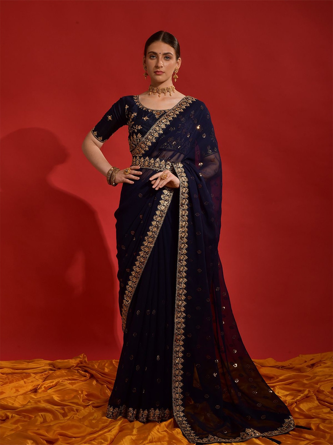 

ODETTE Ethnic Motif Sequinned Poly Georgette Saree, Navy blue