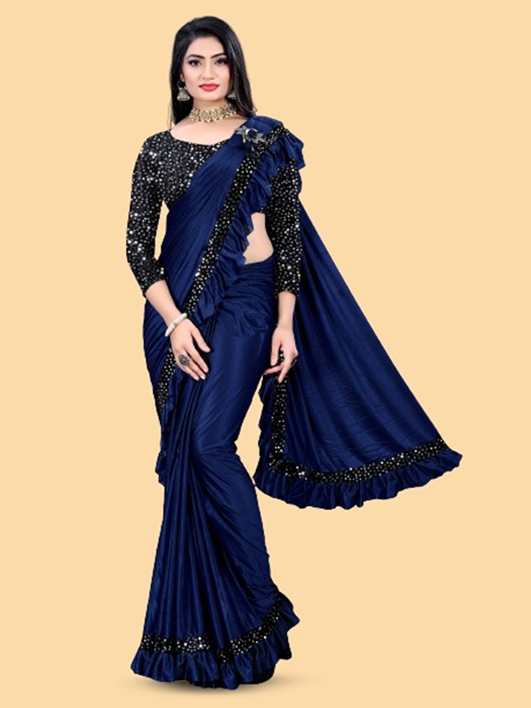 

Aika Ready to Wear Sequinned Embellished saree with blouse piece, Navy blue