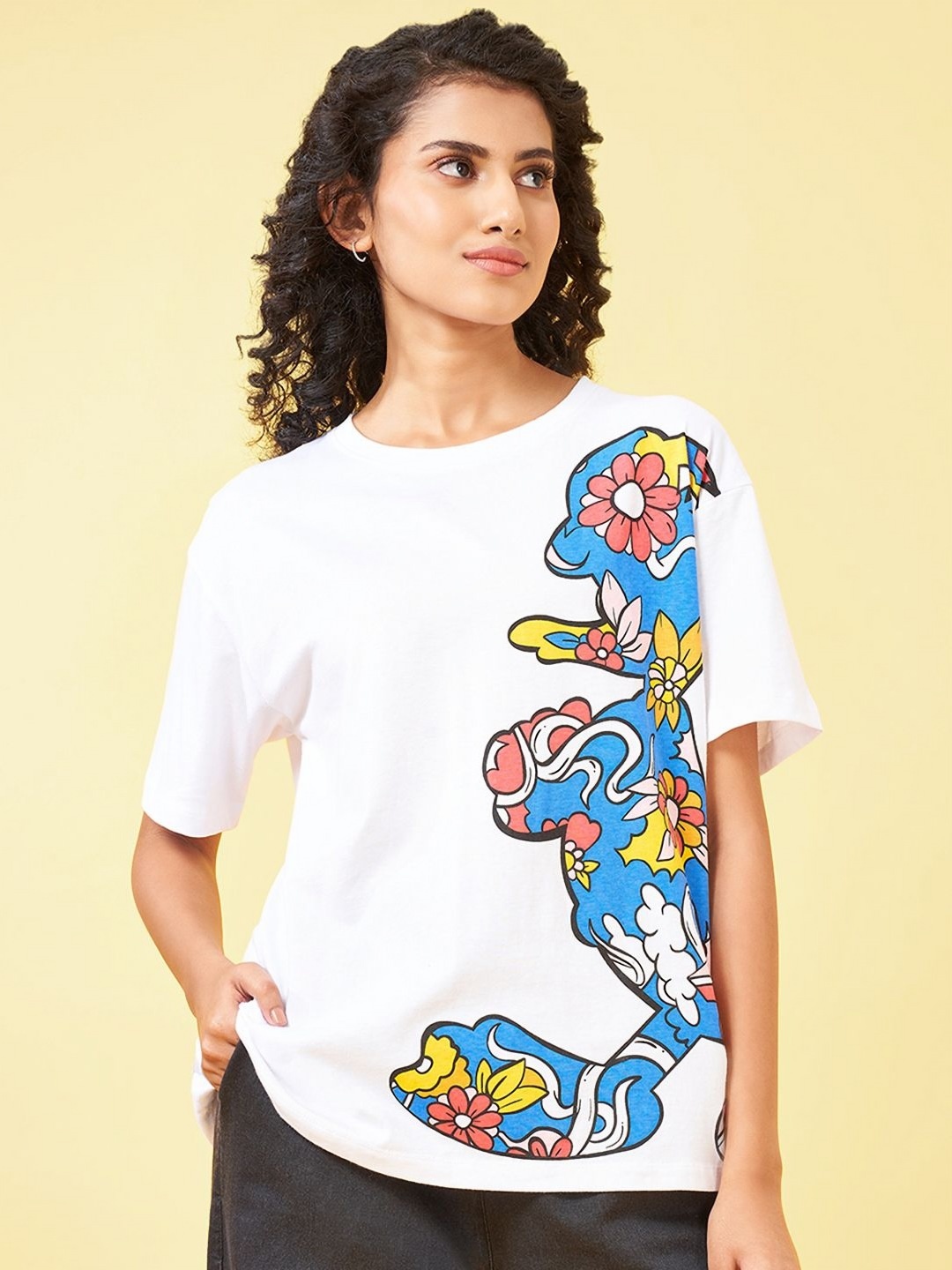 

Honey by Pantaloons Women Graphic Printed Round Neck Cotton T-Shirt, White