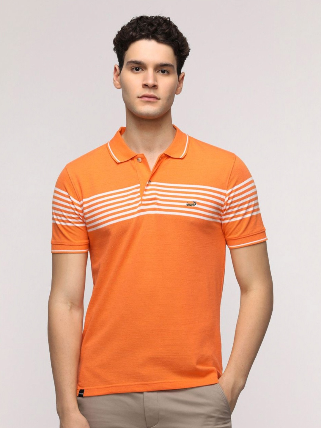 

Crocodile Men Striped Polo Collar Cotton Slim Fit T-Shirt, Orange